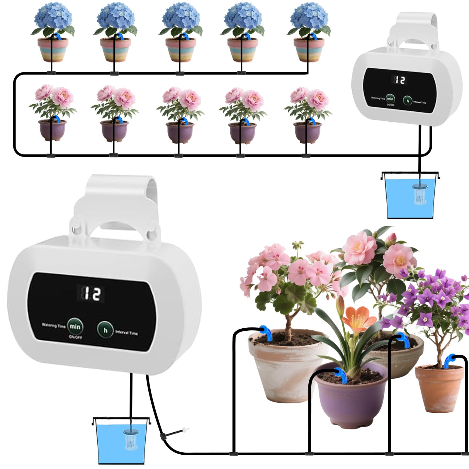 Lewisia Kit di irrigazione automatica a goccia con timer per 10 piante in vaso, sistema di irrigazione automatica fai da te, set di irrigazione automatica per giardino, aiuole rialzate, patio, prato