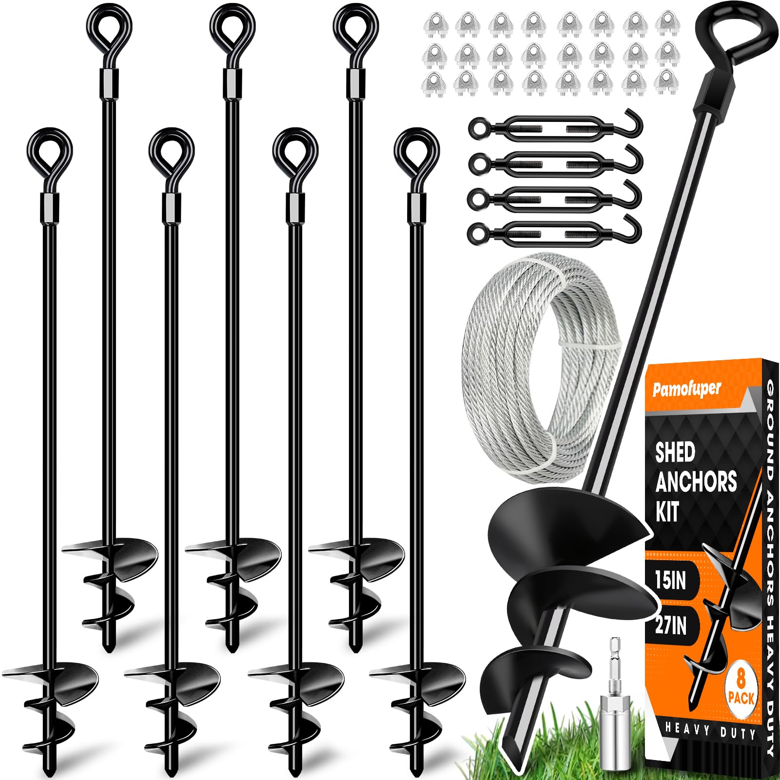 Paquete de 8 anclajes de suelo de 24 pulgadas con cable galvanizado de 3/16 pulgadas, kit de anclaje de cobertizo, estacas de trampolín, anclajes de viento fuerte, ideal para toldos, cobertizos