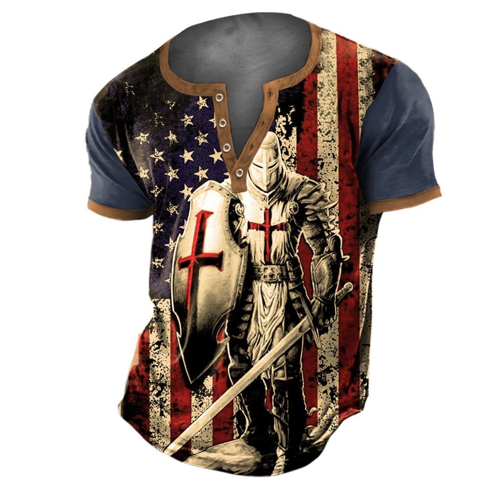PUCEKMen's Retro American Flag Knights Print T Shirts Summer 3D Print Fashion Sports Hip Hop Short Sleeve Tee