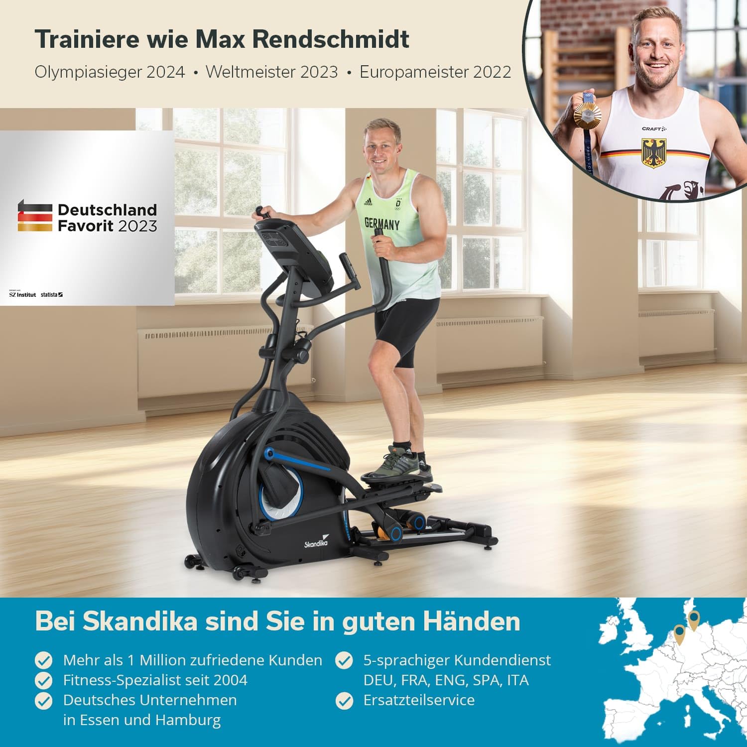 Skandika Orbitrek Carbon Conqueror, eliptyczny rower treningowy, 32 poziomy oporu, 31 programów, ekran LCD, Bluetooth, Kinomap, masa bezwładności 25 kg, regulacja wysokości, maks. 150 kg
