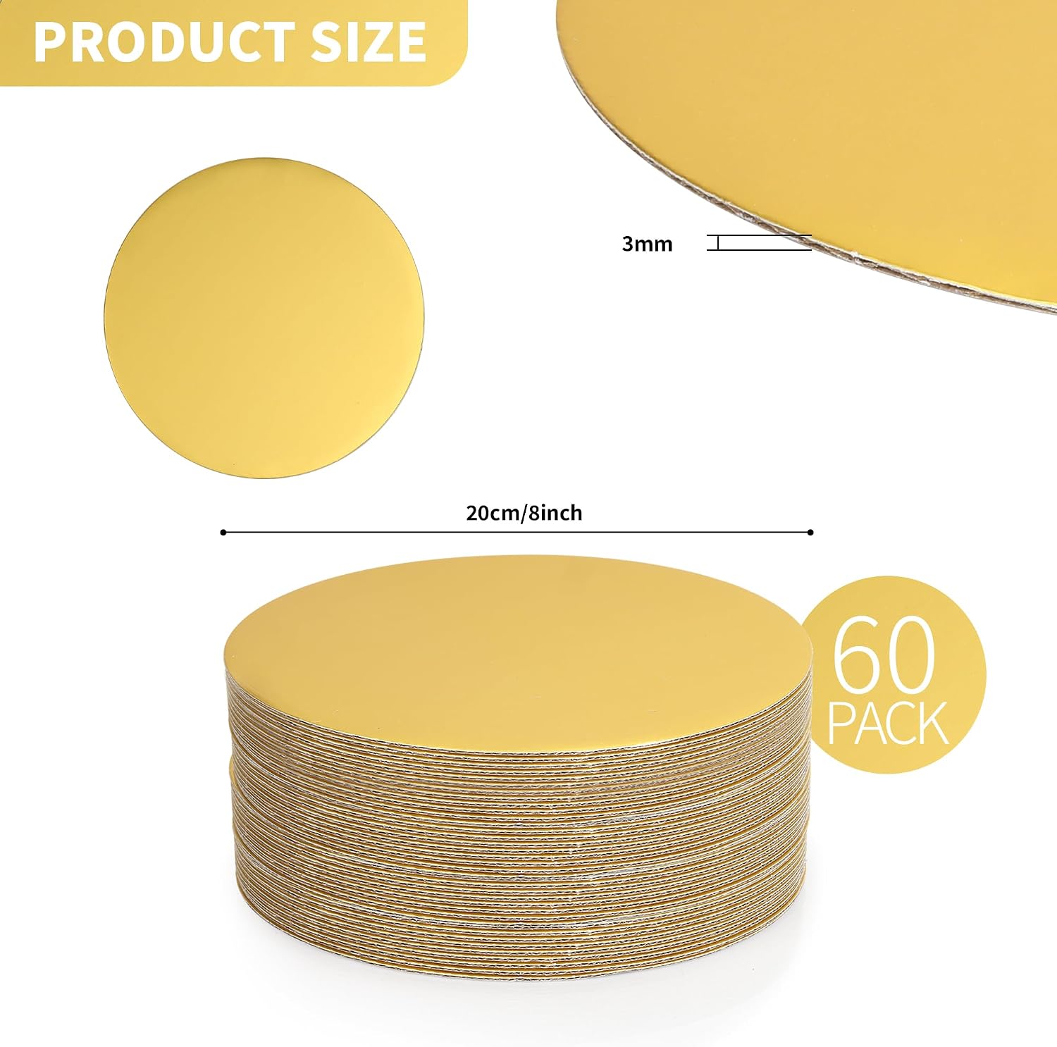 60 Pcs 8 Inch Gold Cake Boards Circle, Round Cardboard Base, Grease Proof Disposable Cake Tray for Party Dessert Pizza