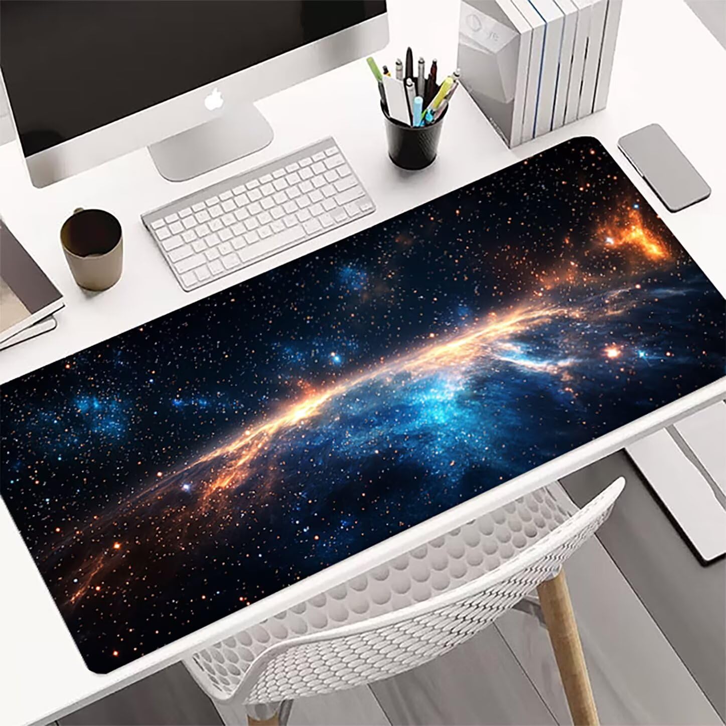Lpfieonn Sternenhimmel Großes Schreibtischunterlage, XXL Schreibtischunterlagen, Blau XXL Wasserdicht Gaming Mousepad mit Vernähter Rand und Rutschfeste Gummibasis, für Hause/Büro 120x60cm PF-3441