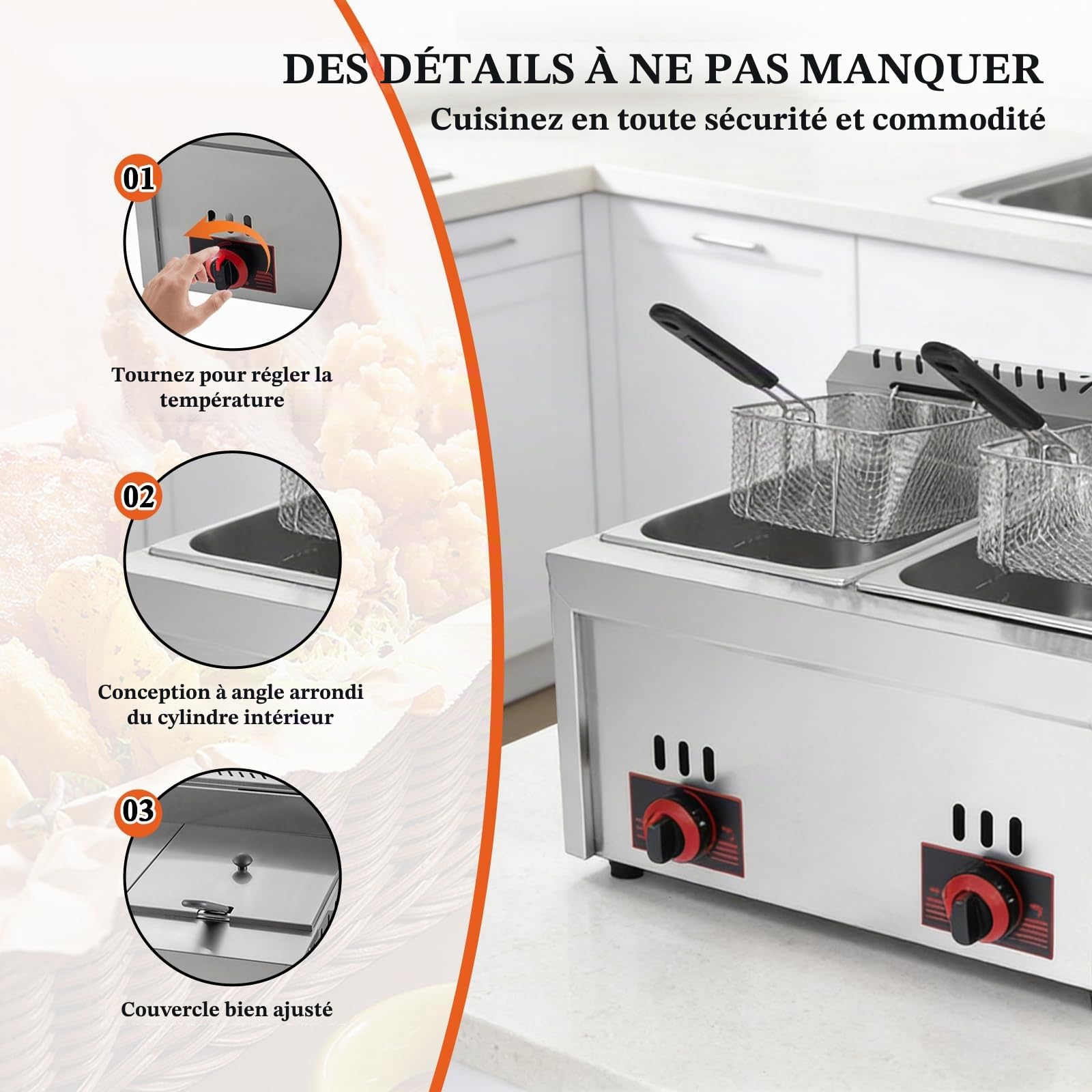 Friteuse à gaz commerciale, 6 l + 6 l, double friteuse à gaz commerciale avec 2 petits et 2 couvercles, chauffage rapide, température réglable pour un usage domestique commercial, restaurant, salle à