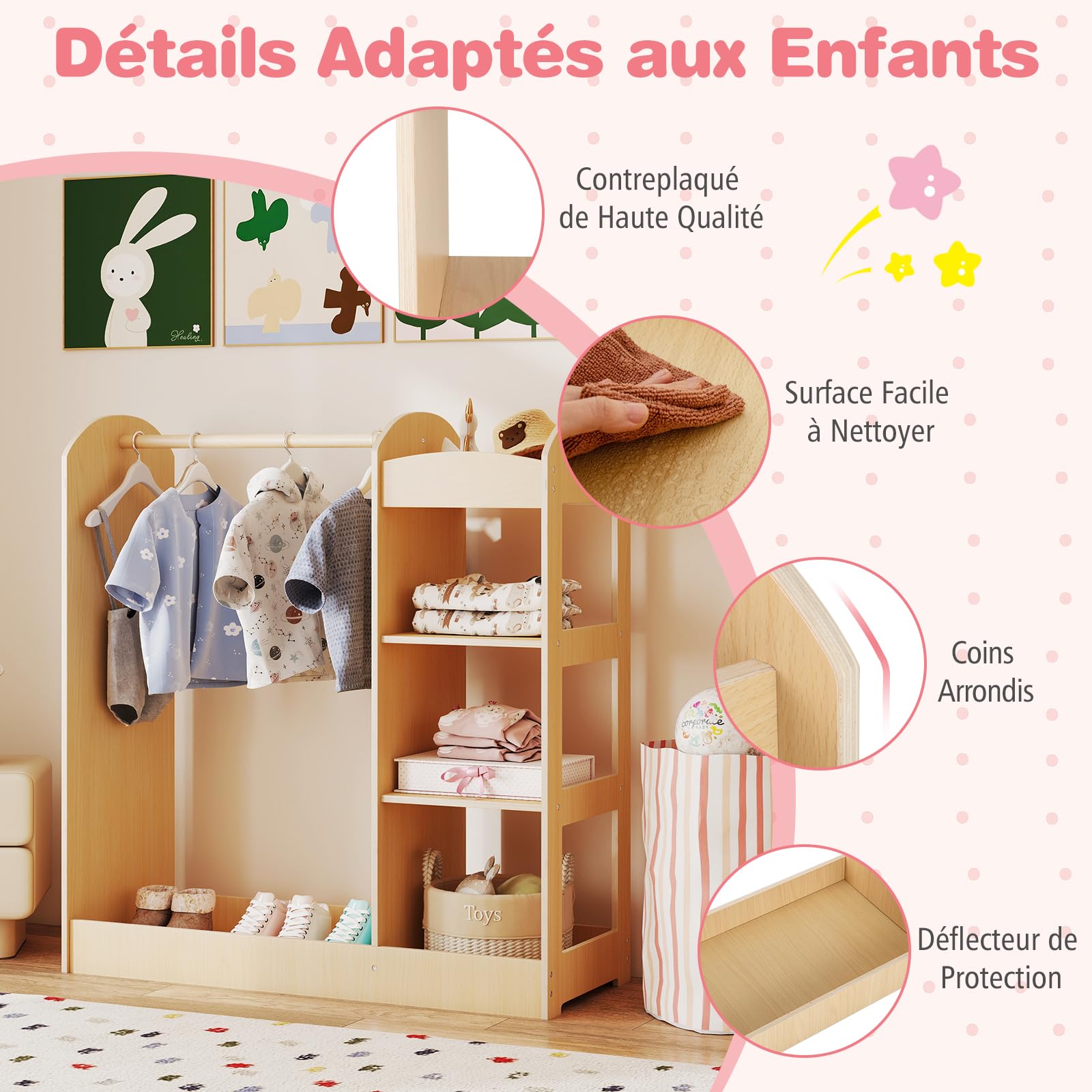 DREAMADE Portant Enfant avec Miroir et Étagère Penderie Fille 2+ Ans en Bois avec Tringle à Vêtements Garde-Robe Tout-Petits Jolie & Robuste & Stable (Naturel)
