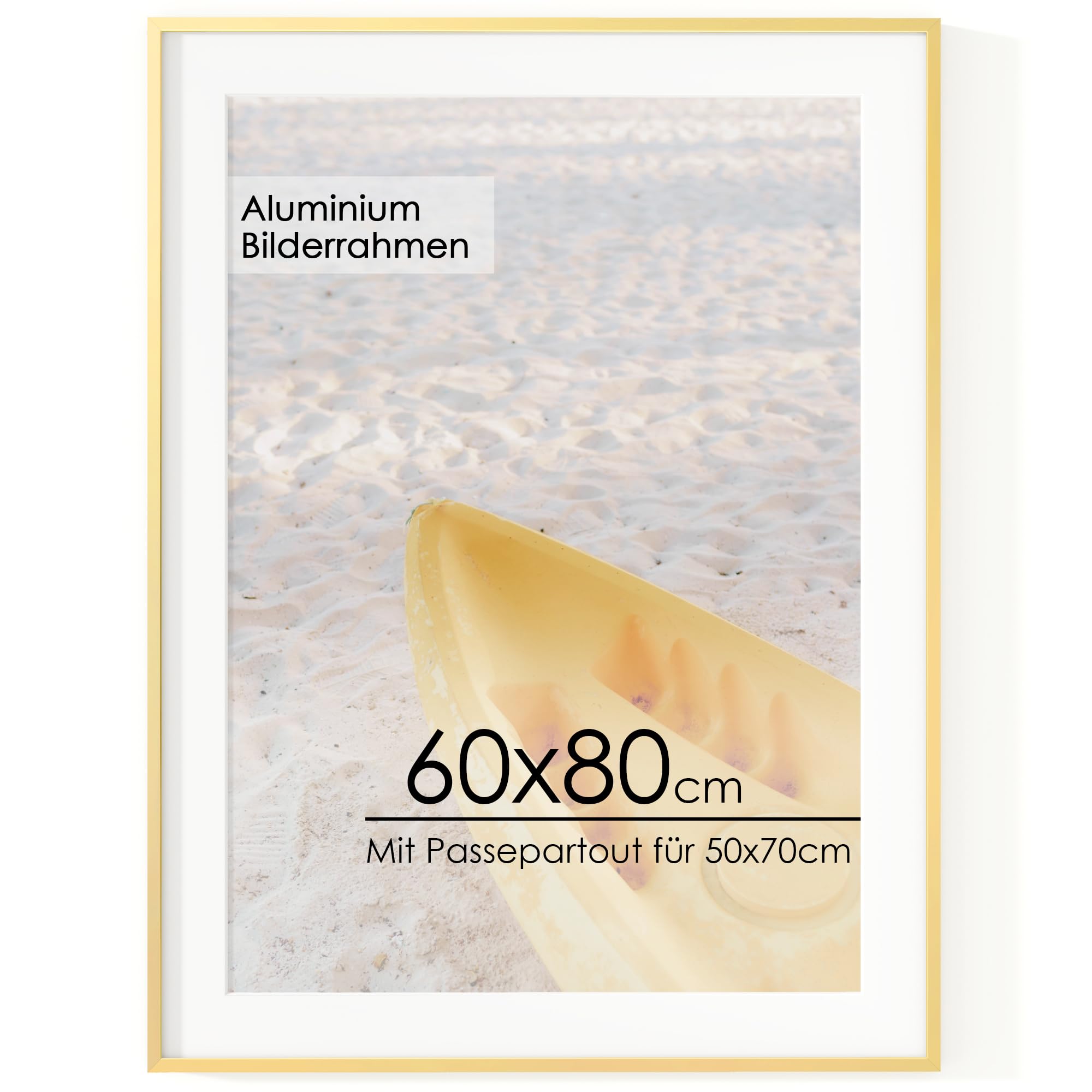 FLYJOE Luxus Alu-Rahmen 60x80 cm in Elegantes Gold – Mit edlem Passepartout (50x70 cm Öffnung) & hochtransparentem Premium-Glas – Ideal für Ölgemälde, Porträts & repräsentative Wandkunst