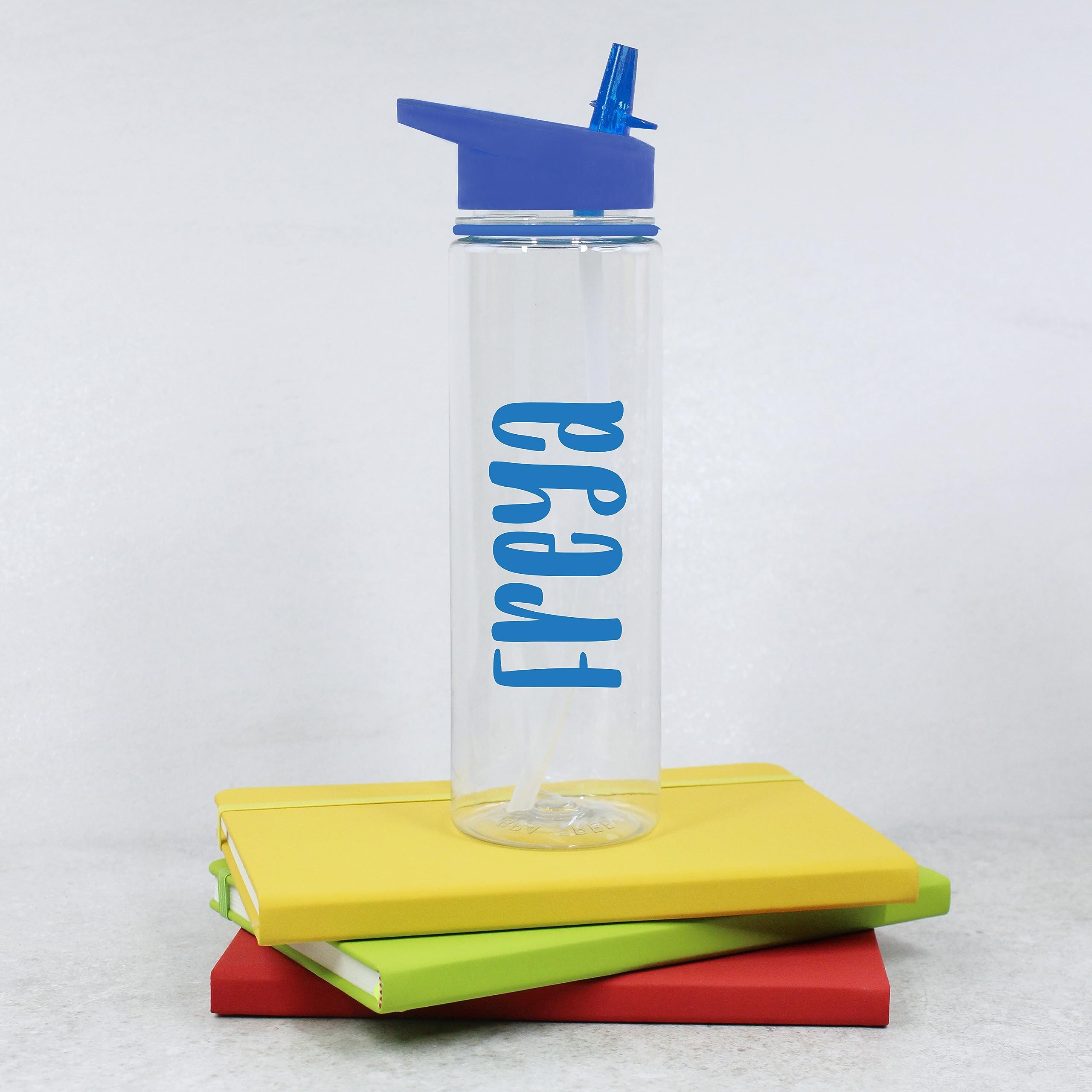 eBuyGB Personalised Water Bottle with Straw & Coloured Lid, Custom Name Drinks Bottle, Back to School, Kids Water Bottle for Nursery, Girls, Boys (Blue)