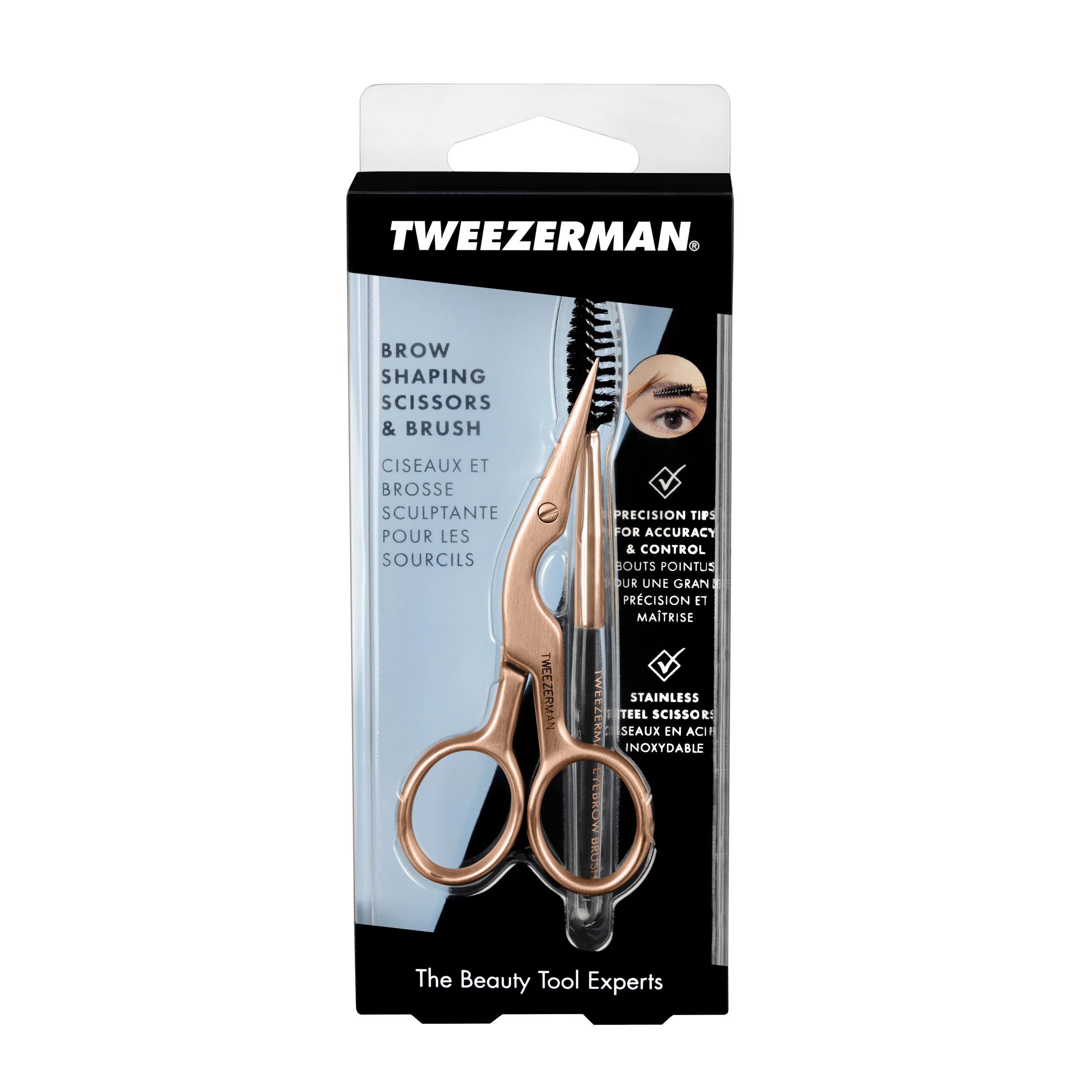 TWEEZERMAN Augenbrauenschere und Bürste – Brow Shaping Scissors & Brush, Edelstahl aus Italien, Ergonomisch, Rose Gold