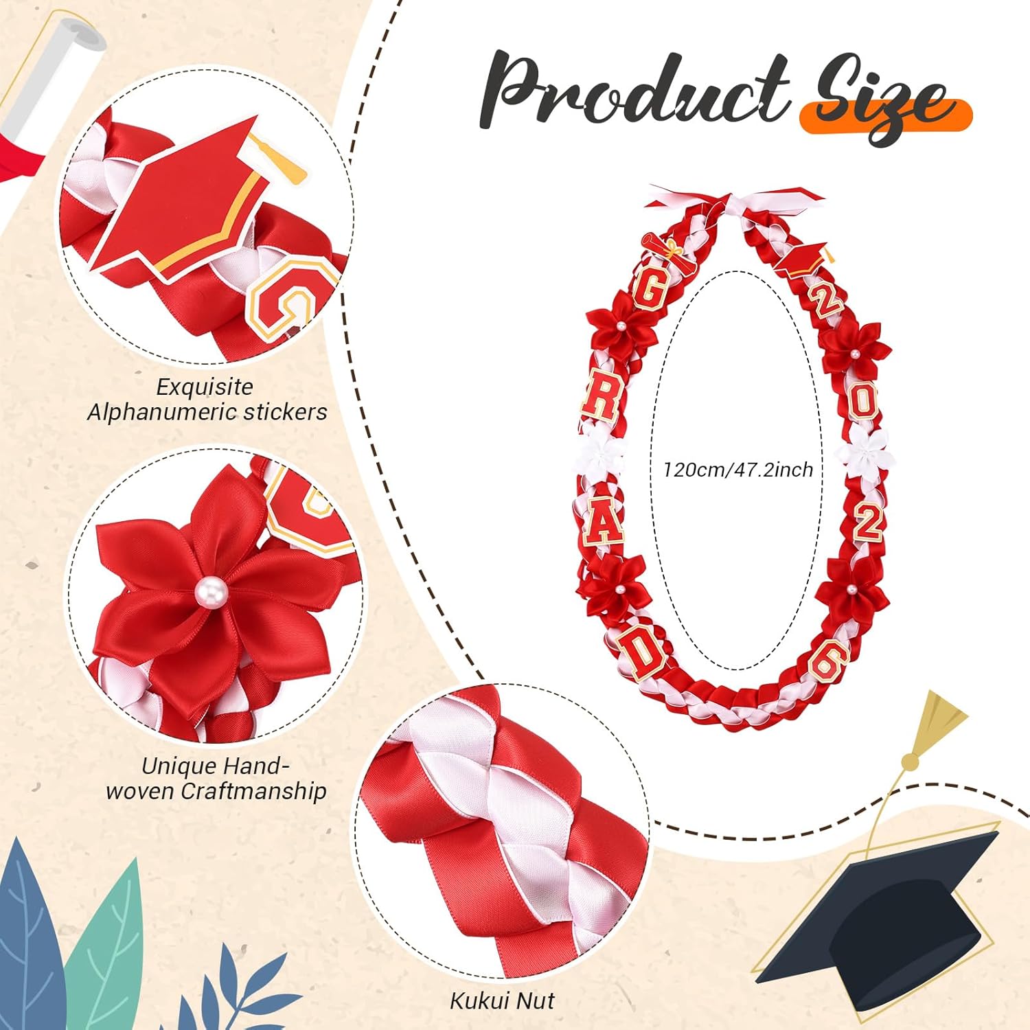 Thiccywoov Graduation Ribbon Lei Class of 2026 Grad Lei Kit Graduation Double Braided Necklace with Honor Cord for Graduate Women Men High School College Grad Party Supplies(Red, White)