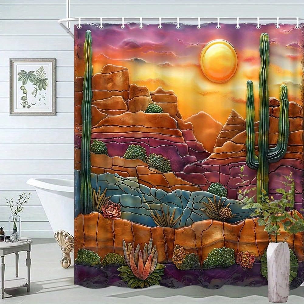 awitufhgp Colorful Shower Curtain Depicting A Desert Sunset Under An Orange And Purple, Textured Landscape Design, Bathroom Decor(180x120cm/71x47in(WxH)