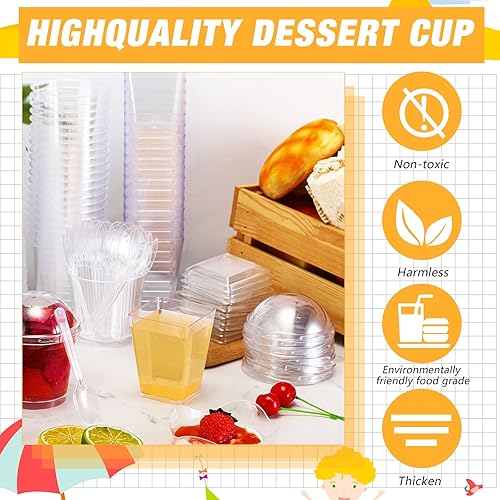 Miniatura 4 de 100 juegos de tazas de postre de 5 onzas con tapas y cucharas, tazas de parfait de plástico transparente redondas y cuadradas, mini tazas de pudín