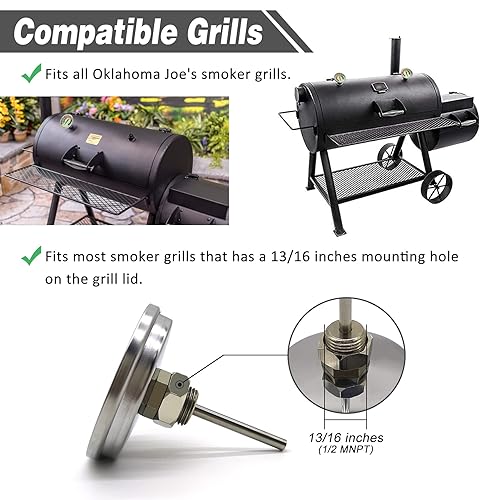 Miniatura 5 de Termómetro luminoso preciso para barbacoa de 3 18 pulgadas, 2 piezas para fumadores de Oklahoma Joe 3695528R06 y la mayoría de las parrillas para