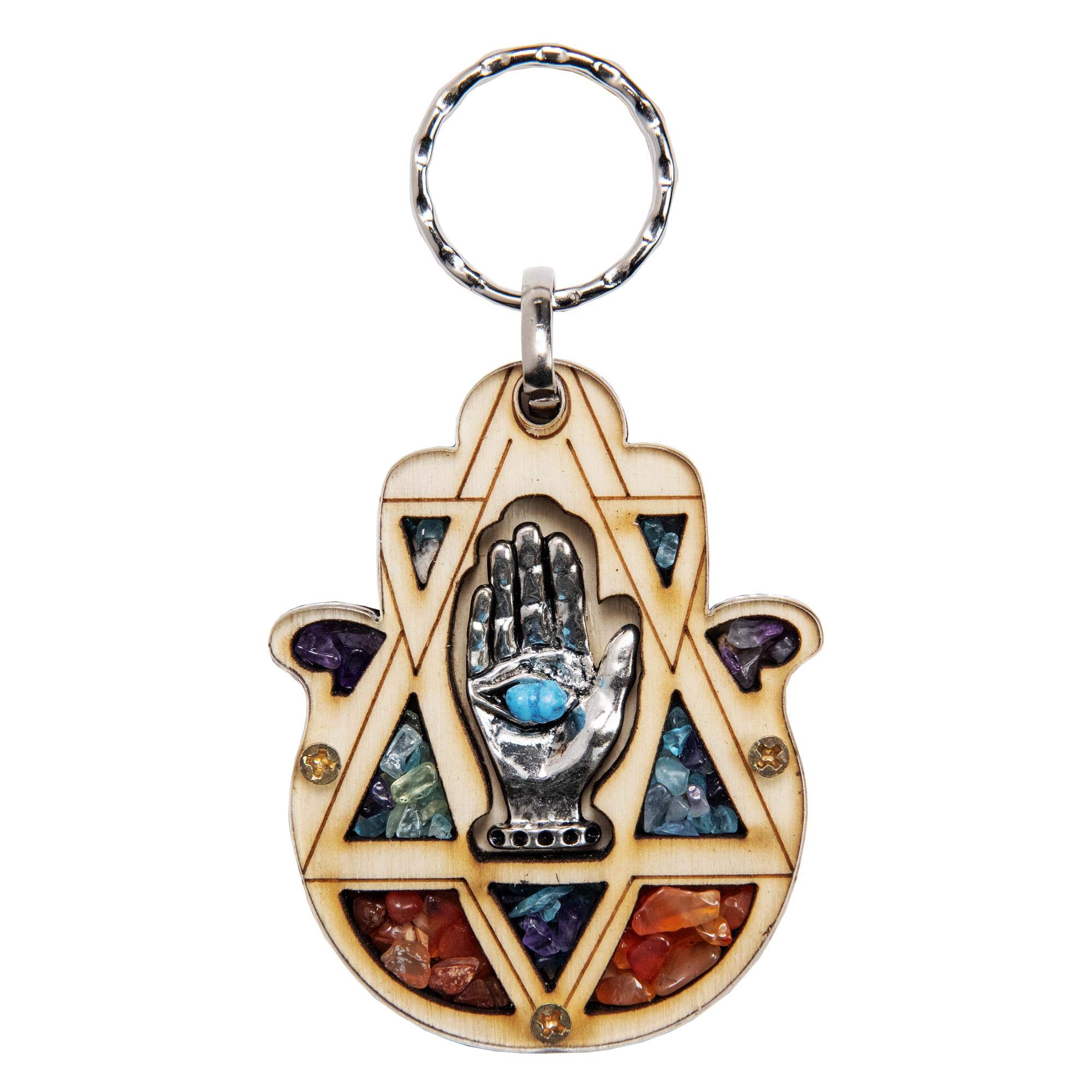 Keychain (Wooden) Decorative Judaica Star Of David Lucky Keyring Chain with Semi-precious Stones Throughout