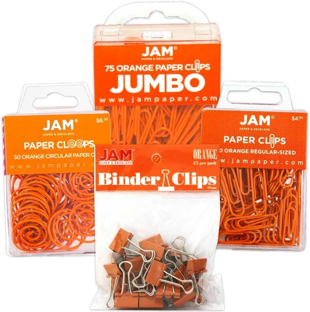 JAM PAPER Office Clip Assortment - Orange - (1) Binder Clips (1) Round Paper Cloops and (2) Paper Clips (Regular & Jumbo) - 4/Pack