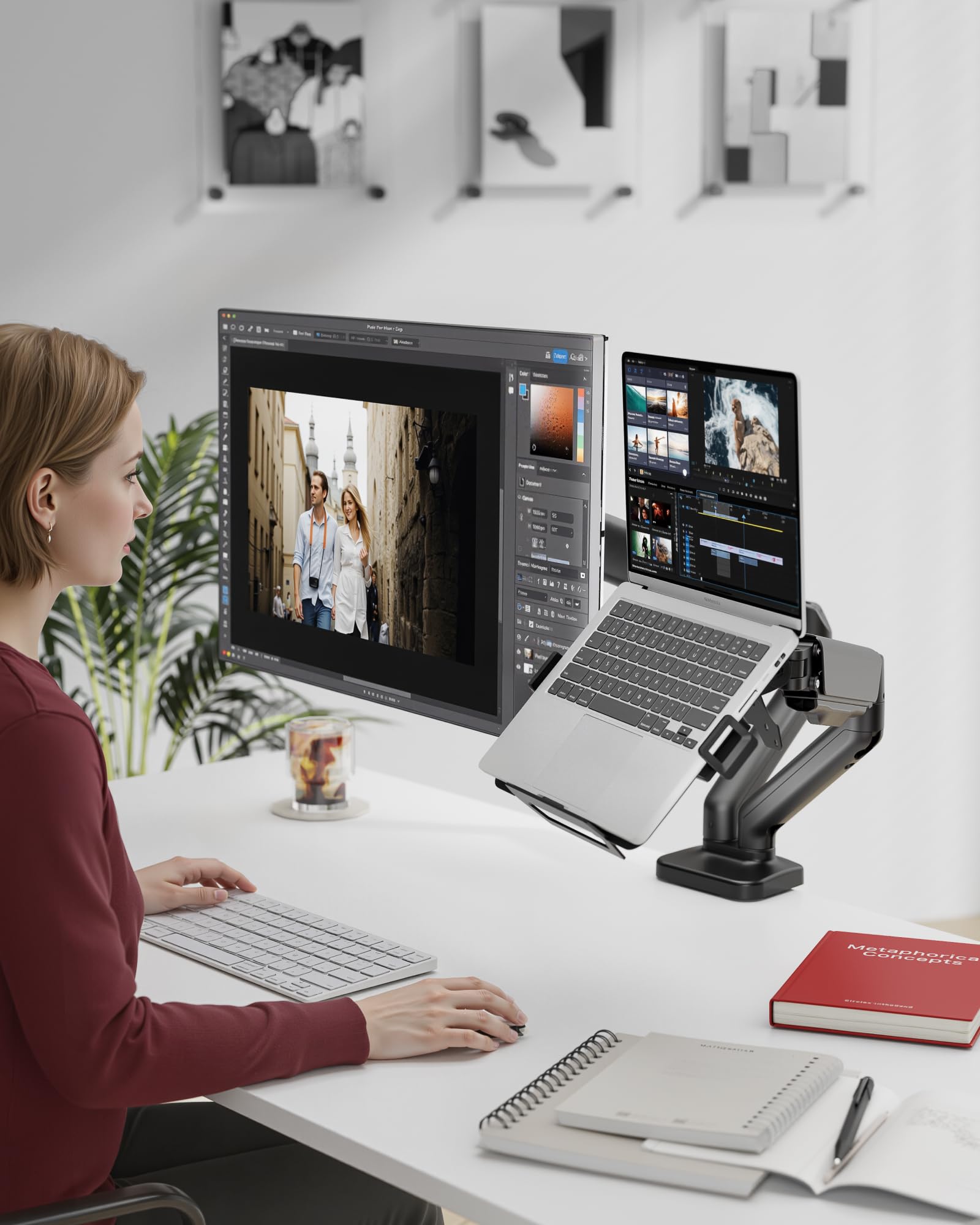 monTEK Brazo Soporte 2en1 Monitor 17-32" Portátil 12-18", VESA 75/100mm | Incluye abrazadera y pasacables de mesa, brazo ergonómico ajustable, montaje rápido, ahorra espacio para oficina y hogar