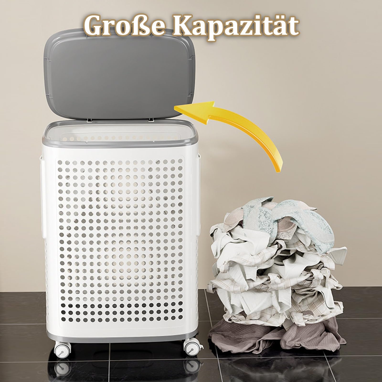 Wäschekorb mit Rollen und Deckel, Großer Atmungsaktives Hohldesign