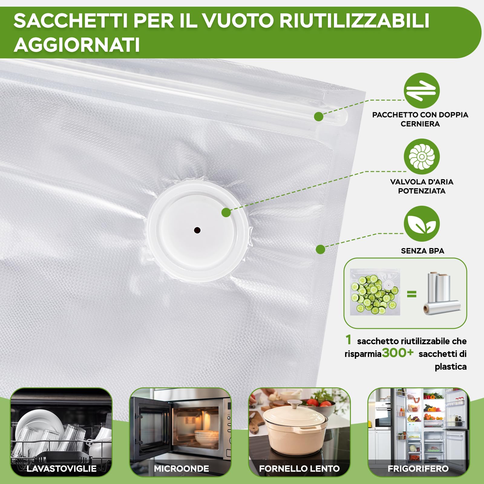 Macchina Sottovuoto per Alimenti, Sottovuoto Alimenti Portatile con 20 Sacchetti Sottovuoto Riutilizzabili, Macchina Sottovuoto per la Cottura Sottovuoto e la Conservazione Degli Alimenti