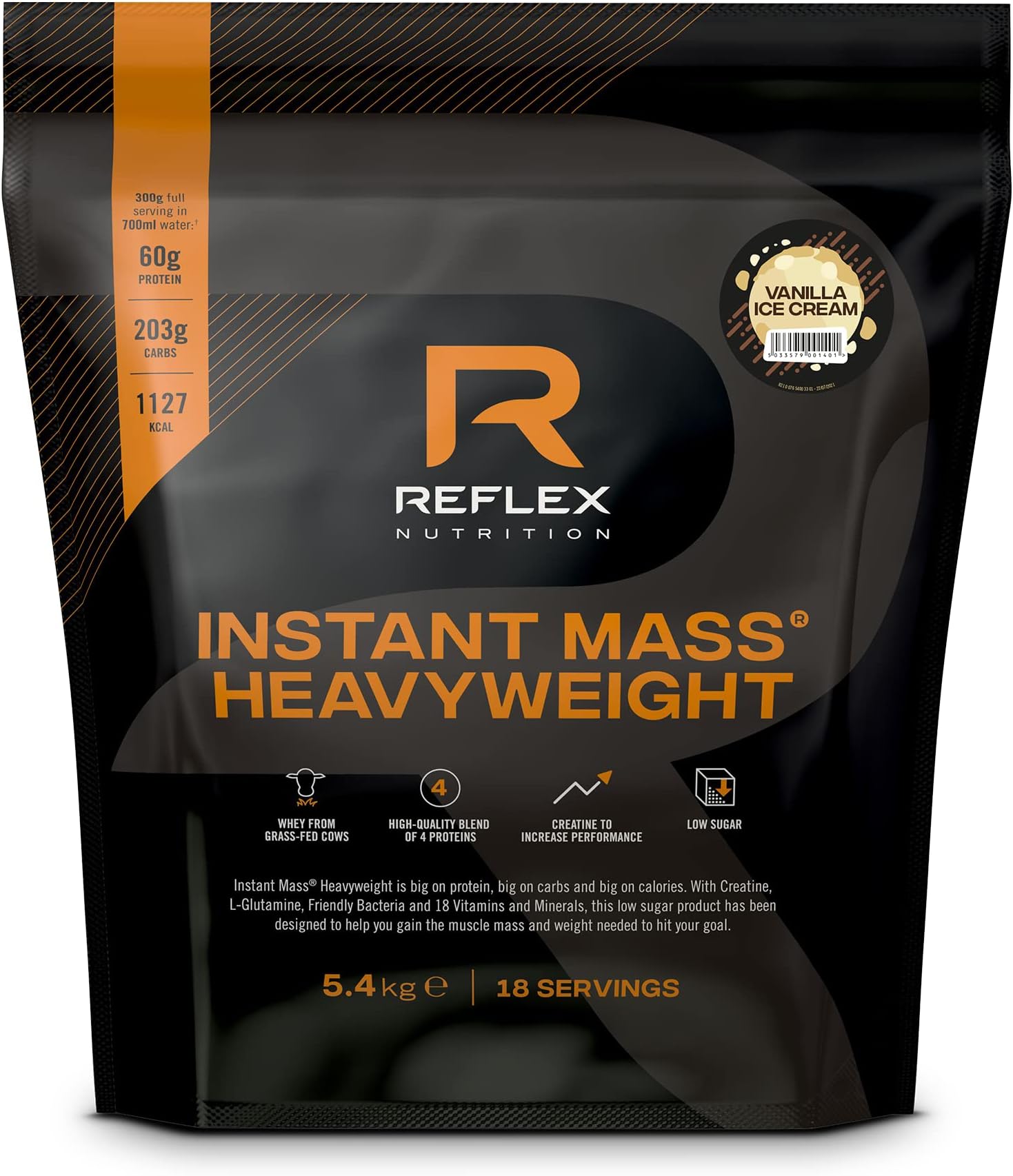 Reflex Nutrition Instant Mass Heavyweight - Mass Gainer - Over 1000 Kcal per Serving, 60g Protein, Creatine - High Calorie Post Workout or Before Bed Protein Shake (Vanilla Ice-Cream, 5.4 kg)