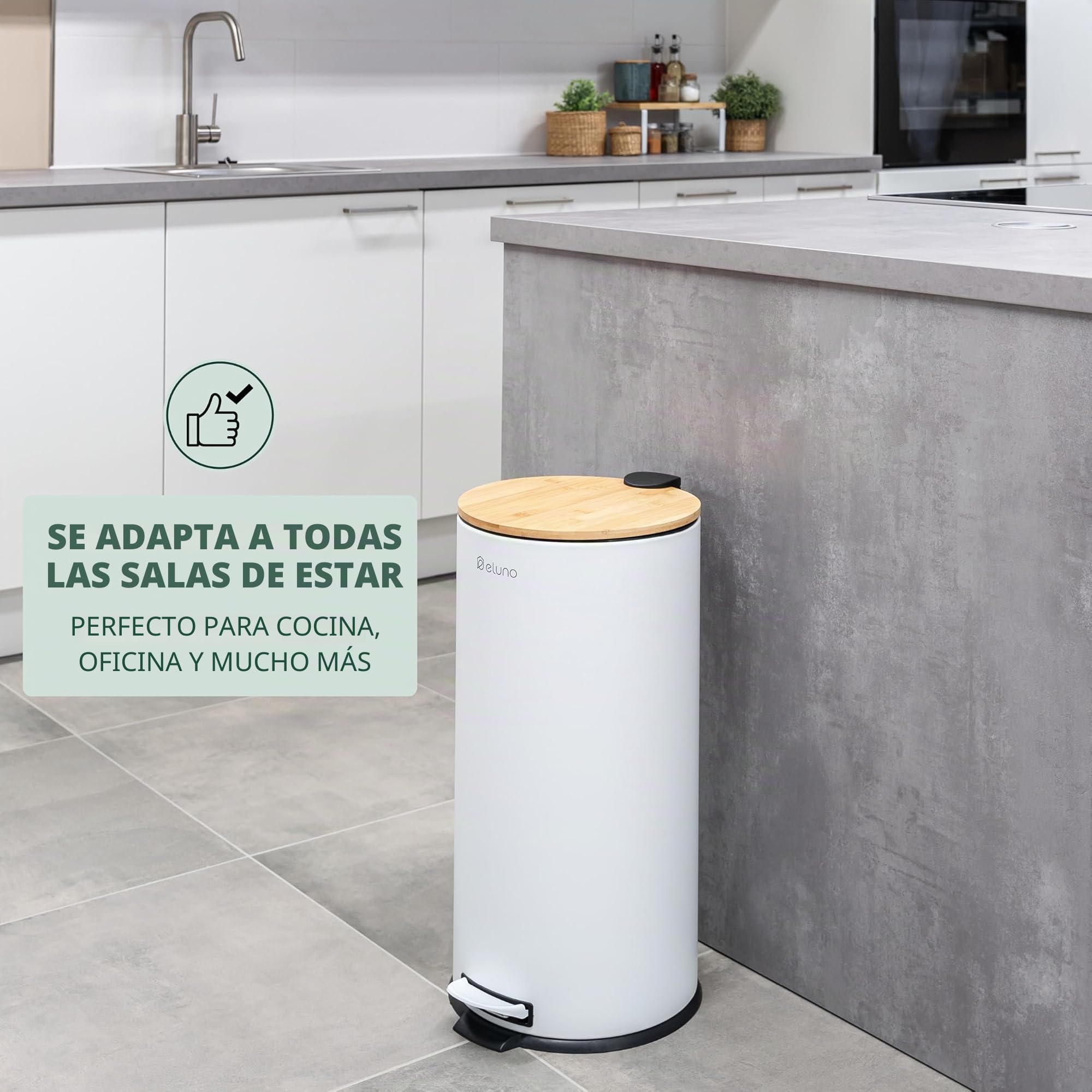 eluno Cubo de basura de cocina con pedal de 30 litros de capacidad, con tapa de bambú de cierre suave para baño, cocina, cubo interior de plástico extraíble, de bambú y metal (Blanco)