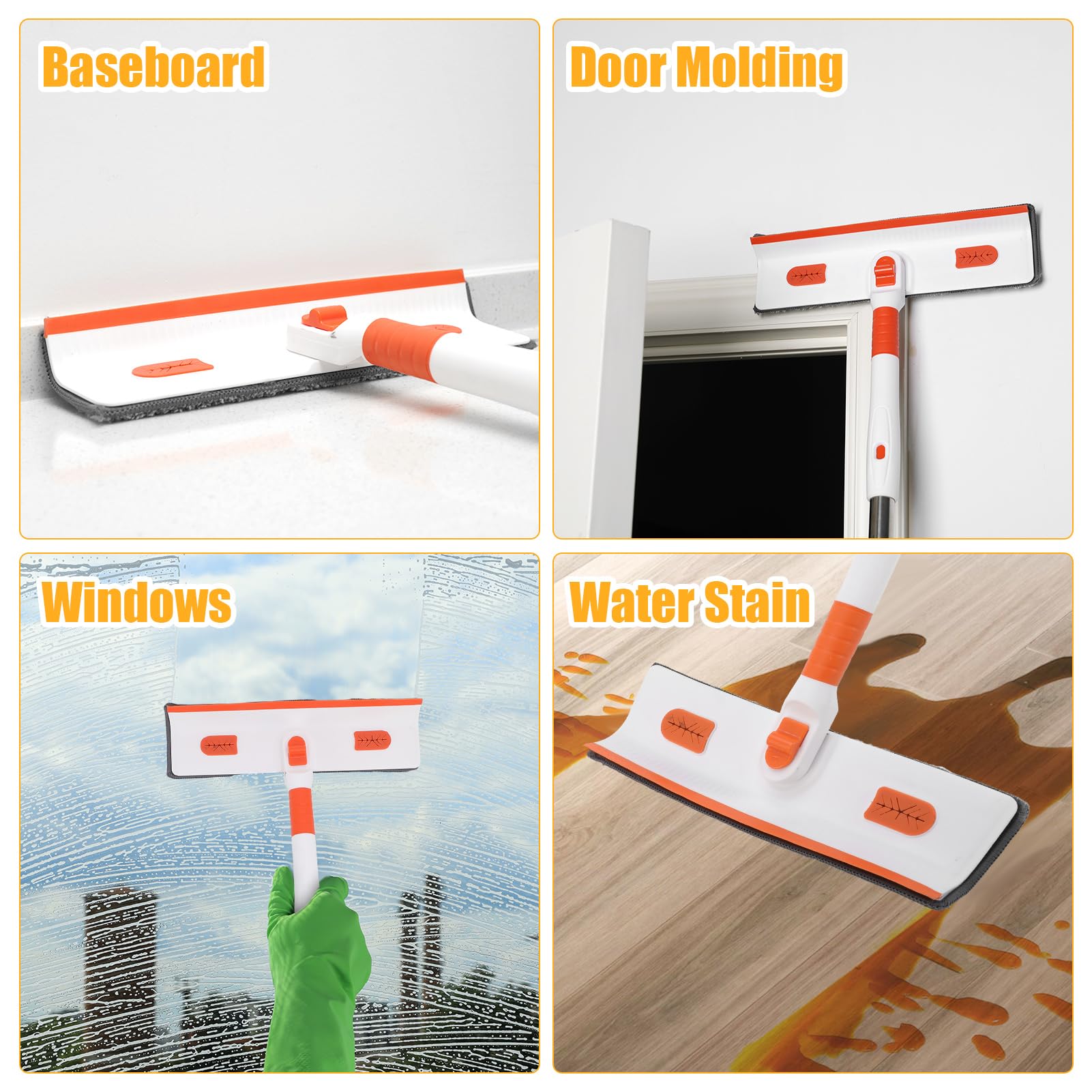Mopa de pared con mango largo, herramienta de limpieza de vidrio para ventanas de techo, fregona de limpieza de pared con mango retráctil con 4 paños de repuesto de fibra reutilizables