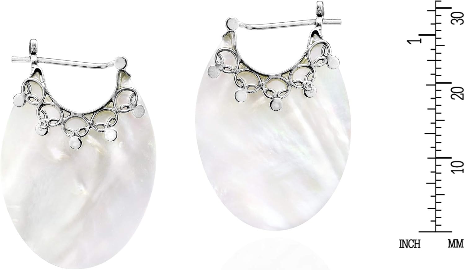 AeraVida Iridescent Oval Shaped White Mother of Pearl Shell Ornate Sterling Silver Huggie Earrings | Pearl Earrings | Oval Shaped Earrings | White Iridescent Earring