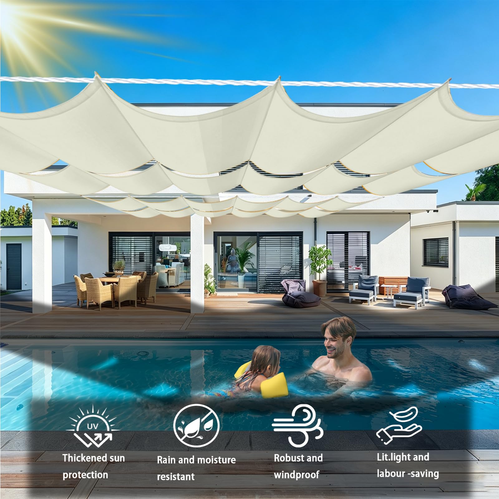 Toldo Retráctil 1.6 x 6 m Impermeable, 98% Rayos UV Resistente Al Desgarro, Toldo de Tela Sombra, Terraza Vela Sombras, con Ojales y Cuerdas para Balcon, Patio, Blanquecino