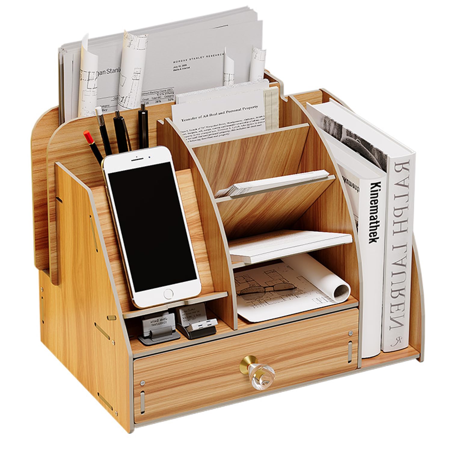 Vikmyer Organizador de escritorio de madera, Organizadores de escritorio de bricolaje multifuncionales y accesorios, Almacenamiento de suministros de arte para oficina en el hogar con cajón (Cereza)