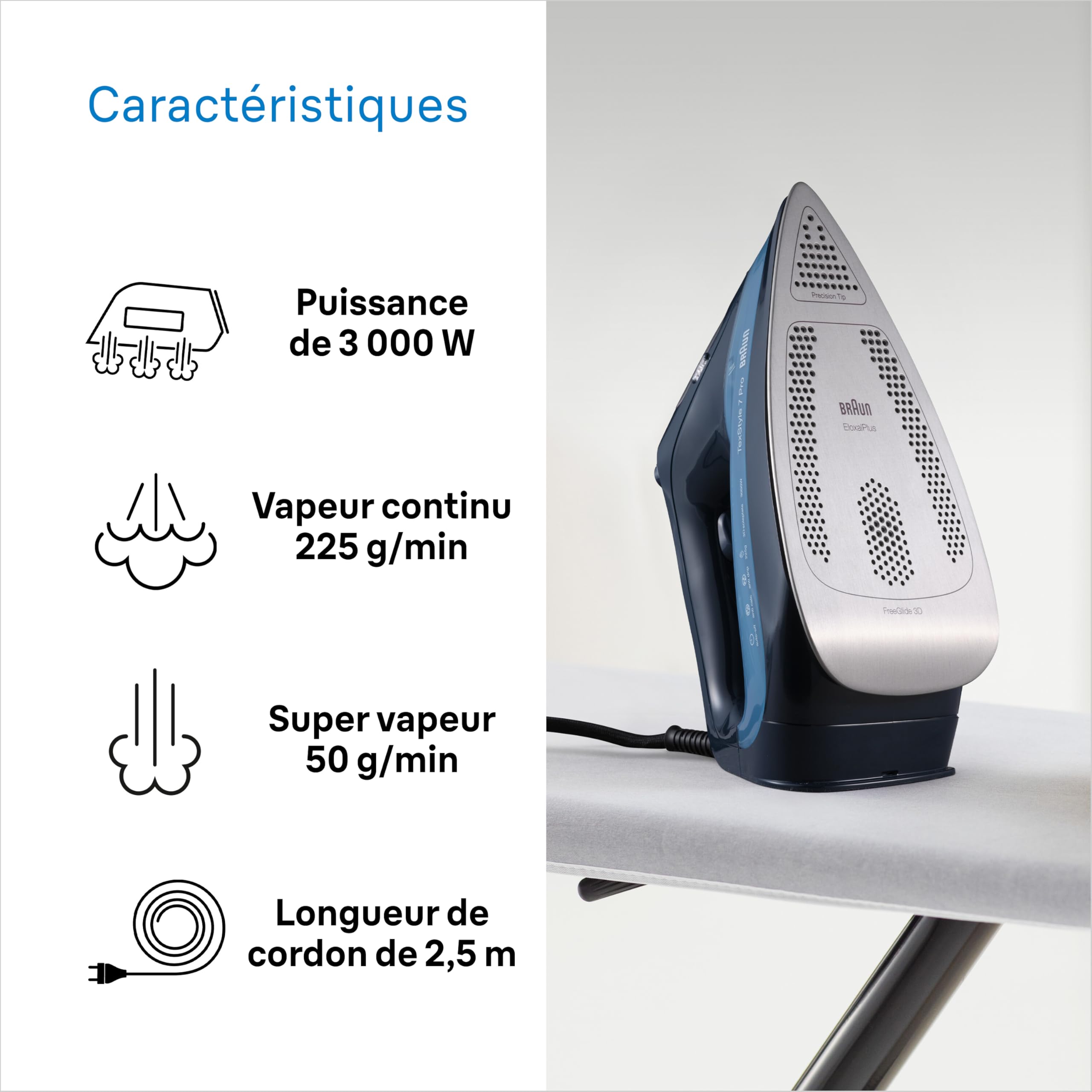Braun TexStyle 7 Pro SI7160BL, Fer à Vapeur Débit 225g/min, Technologie FreeGlide 3D, Semelle EloxalPlus avec Pointe Précise, Fer à Vapeur Vertical, Capacité d'Eau de 300ml, 3100W, Bleu