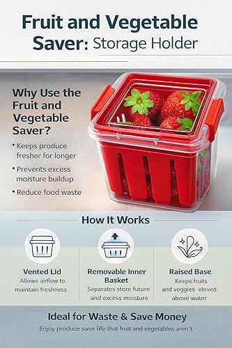 Vista 4 de Home & Style Recipiente de almacenamiento de productos con colador, enjuague, escurre y mantiene las frutas frescas, sin BPA, con tapa, ideal