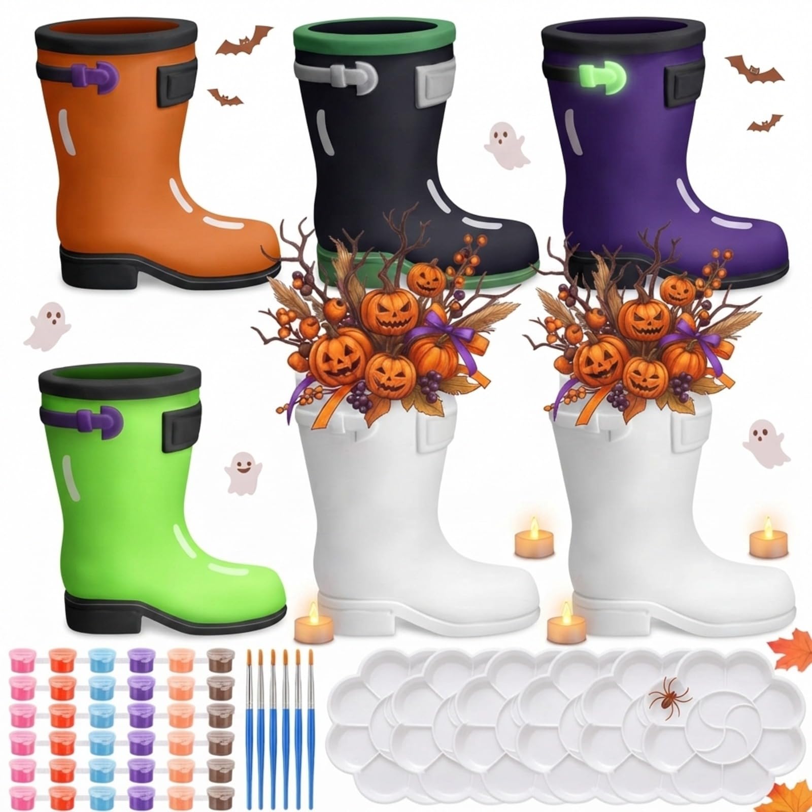 Affrolling 6 Set Halloween Rain Boot Vase Ceramics to Paint, DIY Unpainted Plaster Paintable Ceramic Kit with Acrylic Paint Brush Palette for Adults Halloween Gifts Home Decor