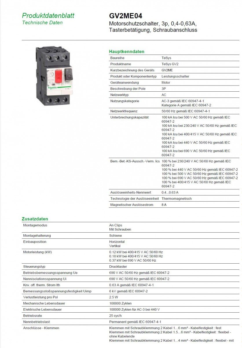 Schneider Electric GV2ME04 Disyunt Magnetoterm 0,40-0,63A