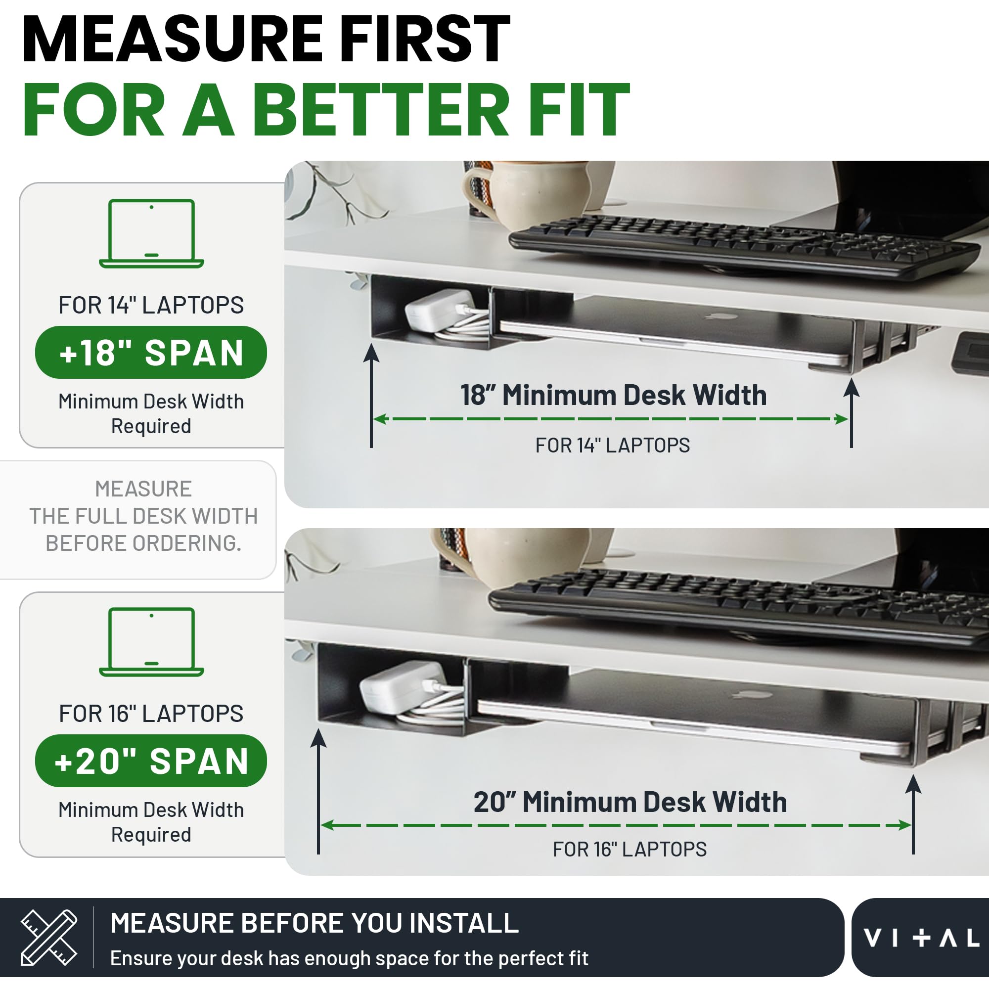VI+AL Supporto da scrivania per computer portatile, ripiano nascosto in metallo con spazio laterale, si installa con nastro e viti, adatto a dispositivi fino a 4,3 cm di spessore, standard (senza