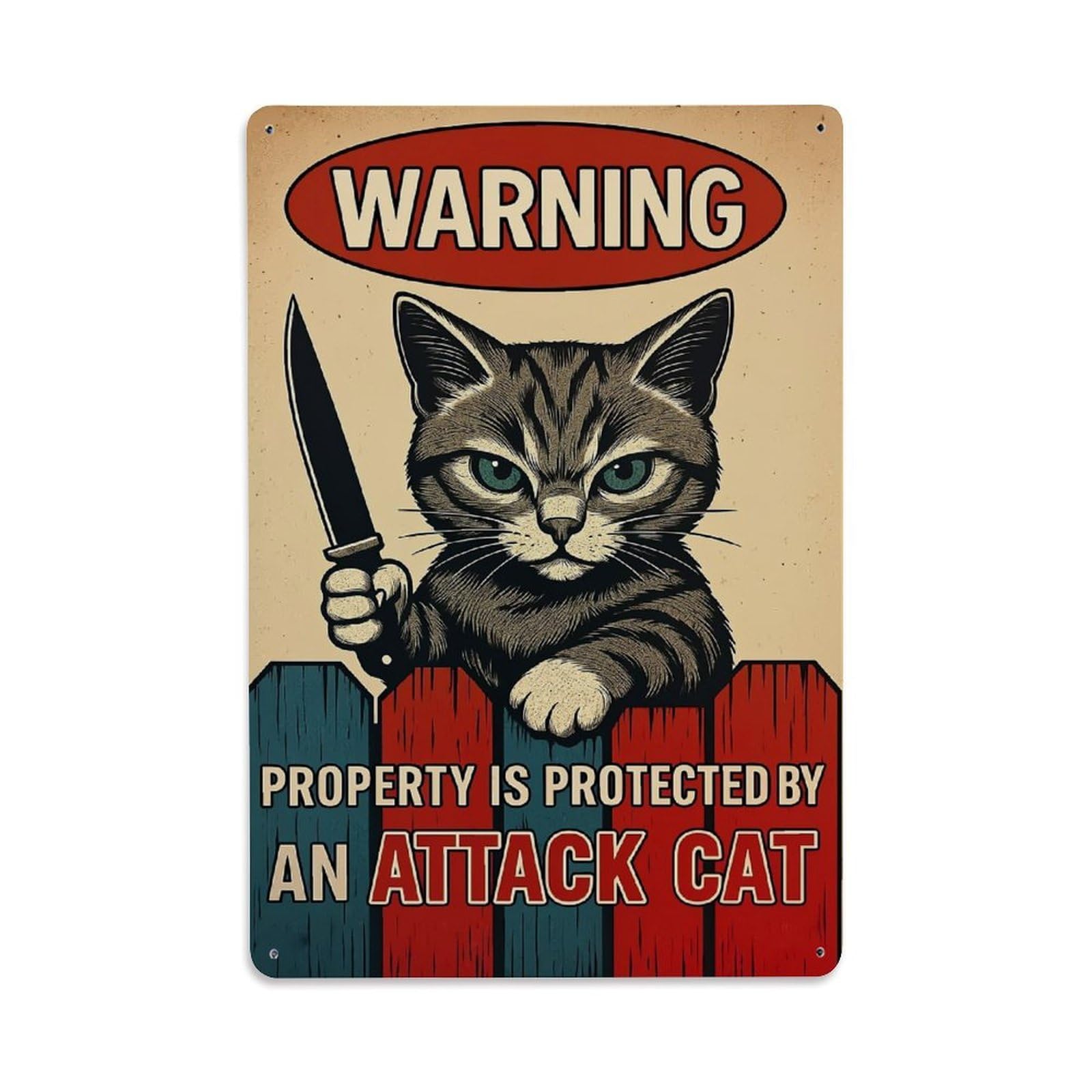 Nestemfo Vintage Warning Attack Cat Holding Knife Tin Sign Metal Sign, Living Room,Bar, Home, Bedroom Wall Decor,Retro Metal Poster 8X12 Inches
