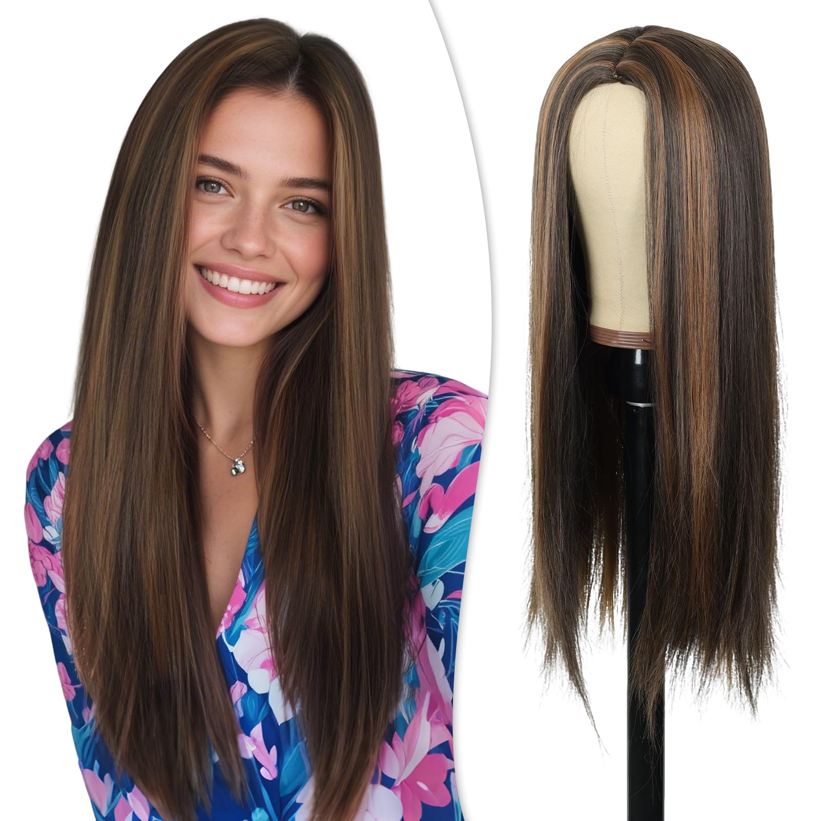 PHOCAS Long Brown Wig 23" Long Straight Brunette Wigs for Women Synthetic Chocolate Dark Brown Wigs with Highlight for Women Daily Party