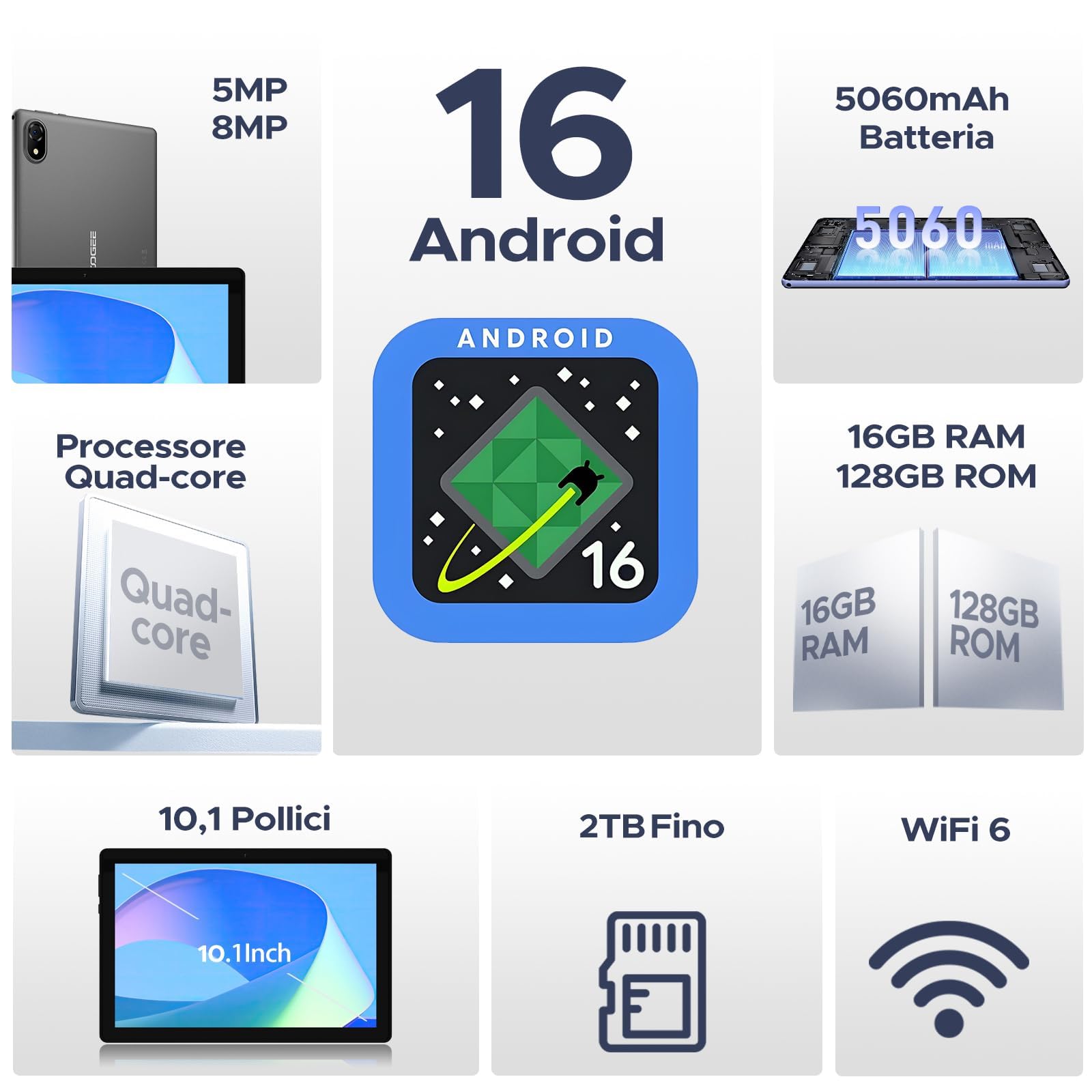 DOOGEE U10 Android 16 Tablet 10 Pollici Gemini AI, 16GB(4+12) RAM+128GB/2TB TF, WiFi 6, 1280 * 800 IPS HD, 5060mAh, 8MP+5MP, Tablet in Offerta Widevine L1/BT5.0/OTG - Verde