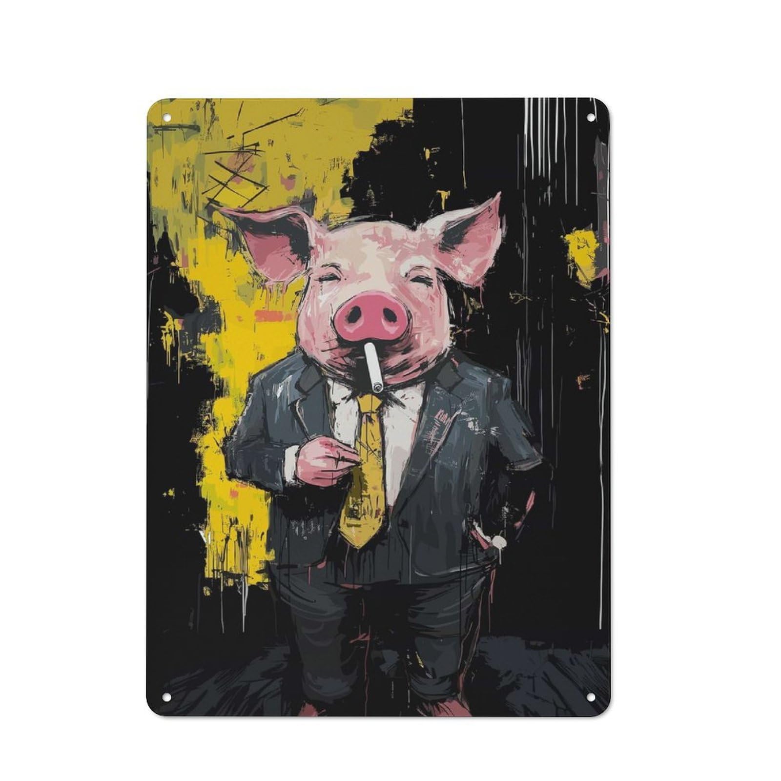 Junmoney Pig In Suit Smoking Cigarette Art Rustic Metal Plaque 40X30cm For Hobby Room Or Studio, For Vintage Wall Decor Fans, For Garage And Workshop Walls