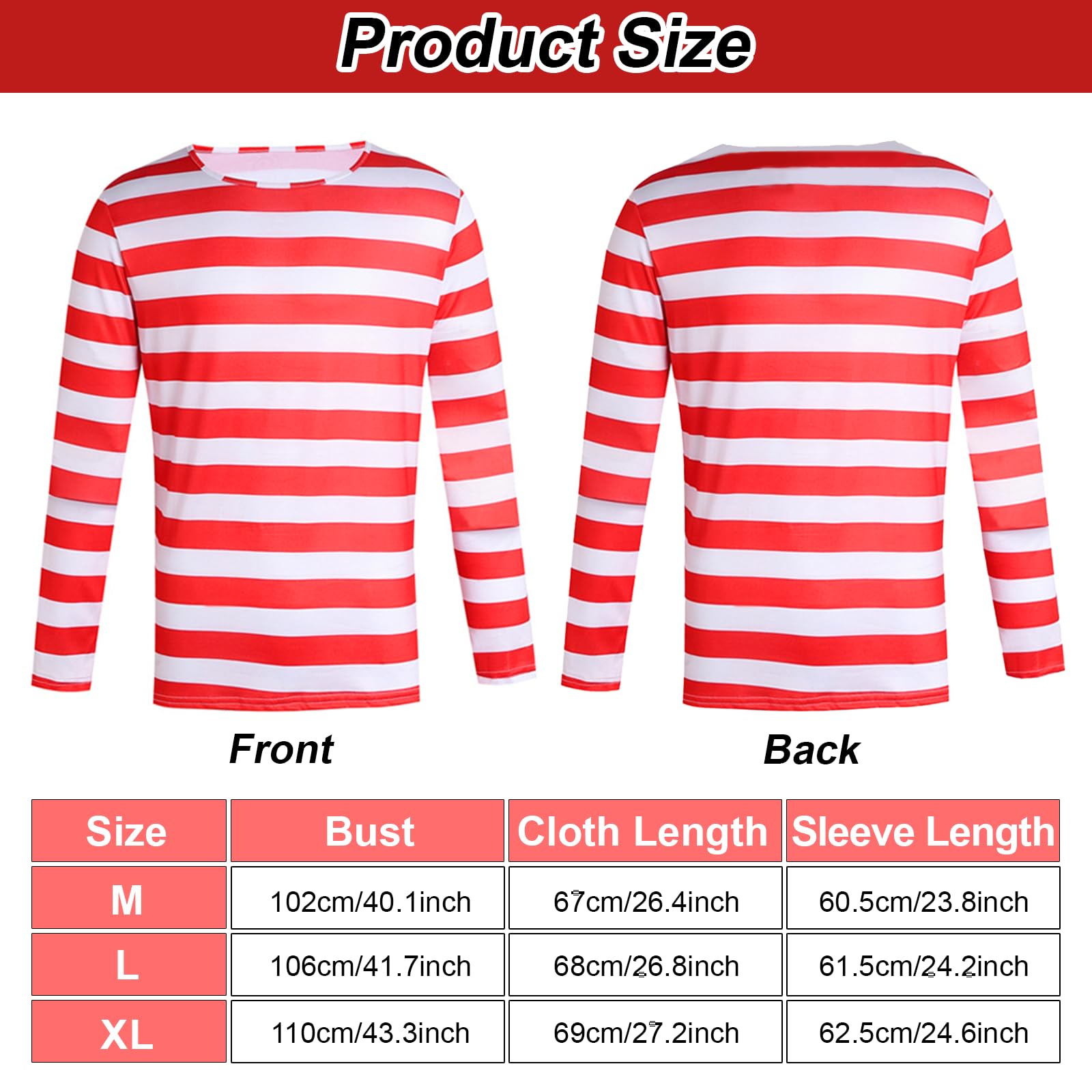 5 Pcs Red and White Striped Wally Costume for Adult World Book Day Fancy Dress Red and White Stripe T-Shirt Beanie Hat Glasses Inflatable Cane Socks - Image 2
