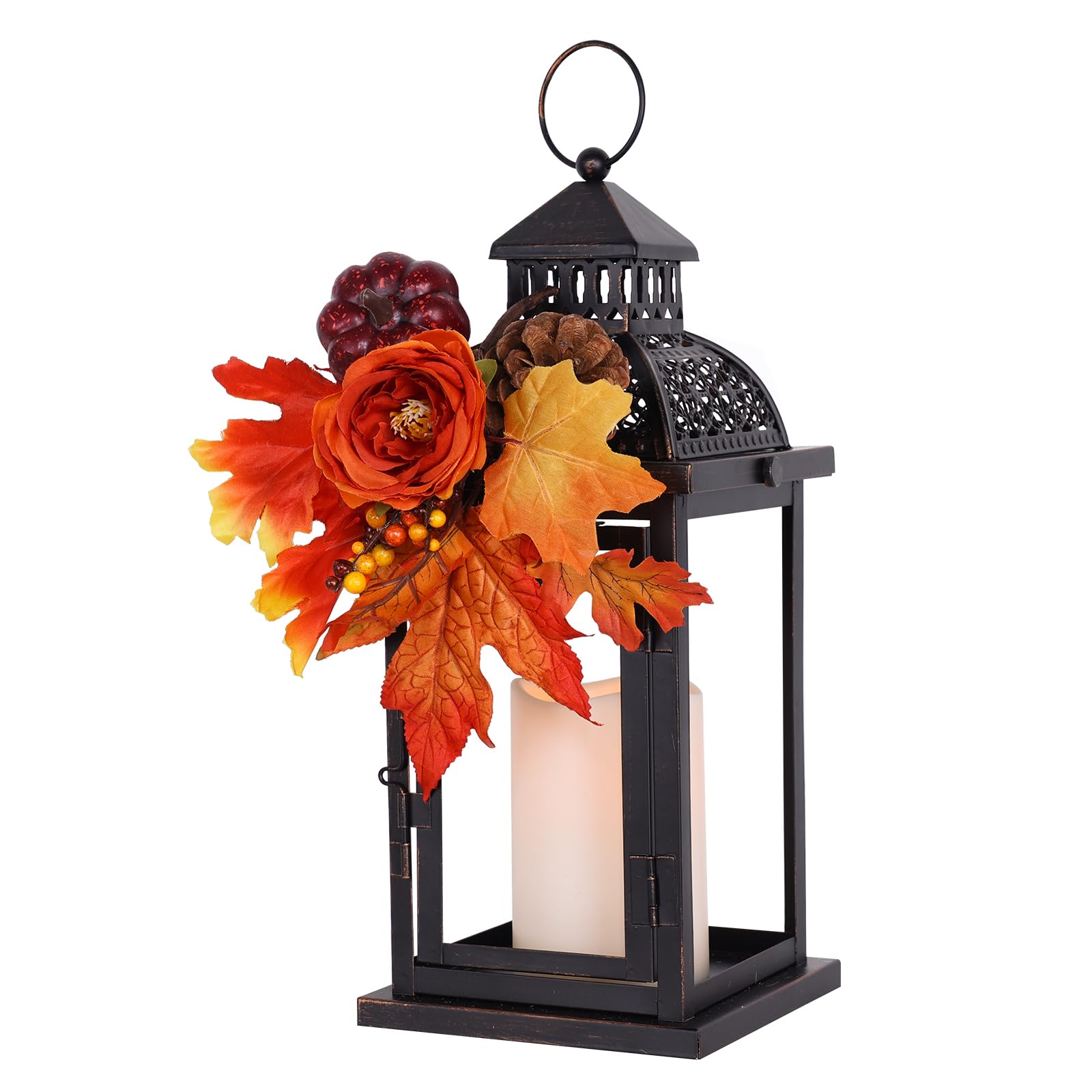 needomo fall decorations for home, 15'' fall lantern indoor outdoor thanksgiving decor, vintage metal hanging candle holders with fall teardrop wreath and led candle for patio, porch, table