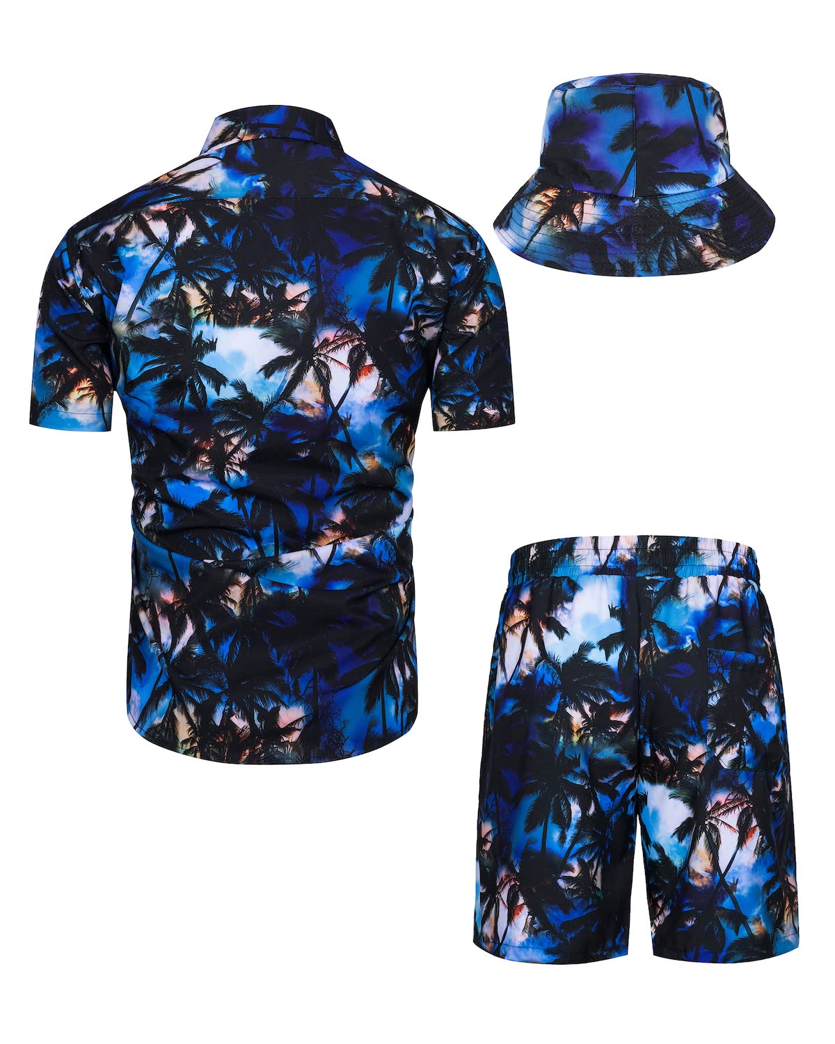 TUNEVUSE Conjunto de camisas y pantalones cortos hawaianos para hombre, 2 piezas, trajes de playa con estampado de flores, traje tropical de verano con sombreros de pescador