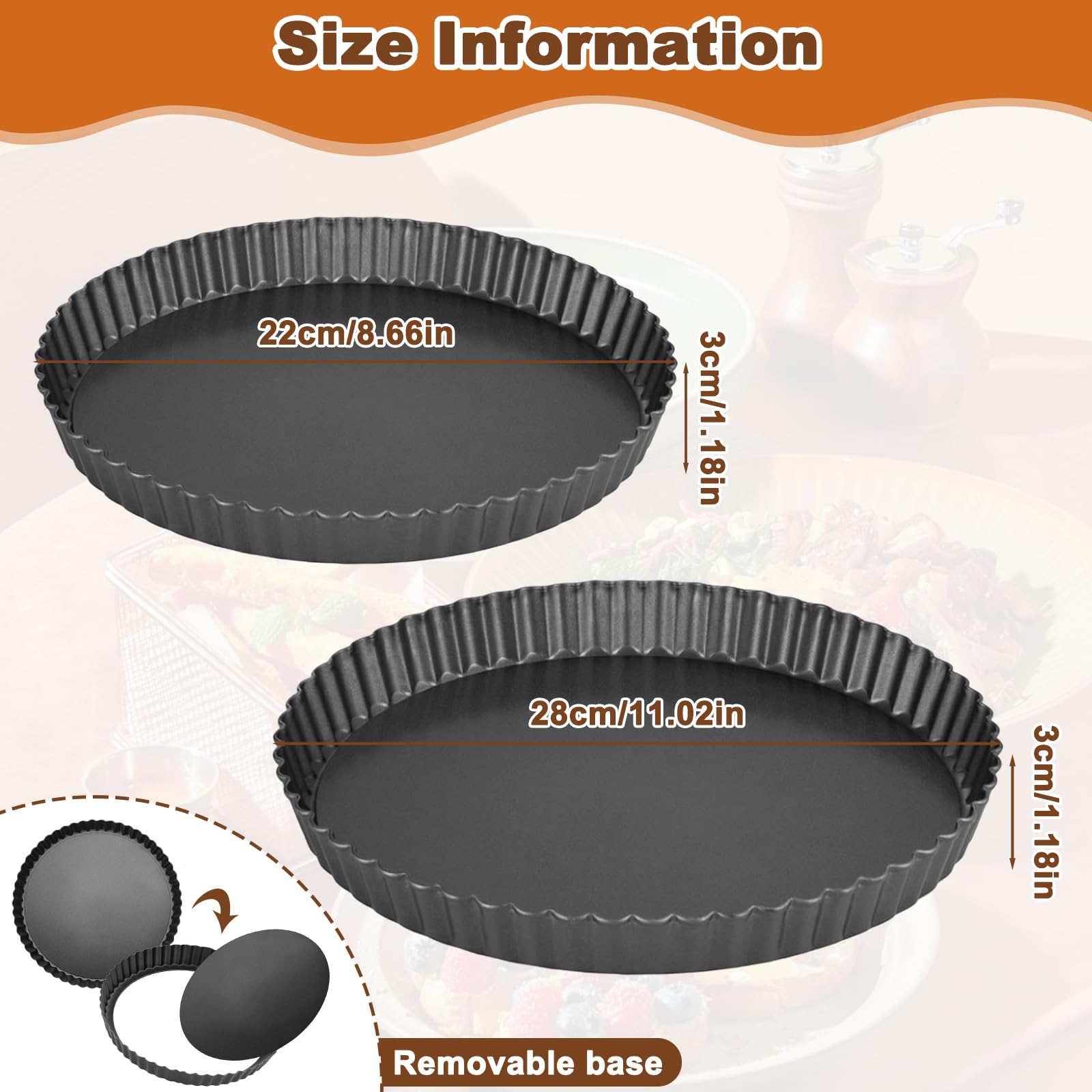 2Pcs Teglia Crostata Fondo Removibile, Stampo Crostata Morbida Ondulato Tonda Acciaio Carbonio 22cm & 28cm, Teglie Tortiera Torta Bordo Scanalato Antiaderente Cassaforte Amovibile per Torte Frutta
