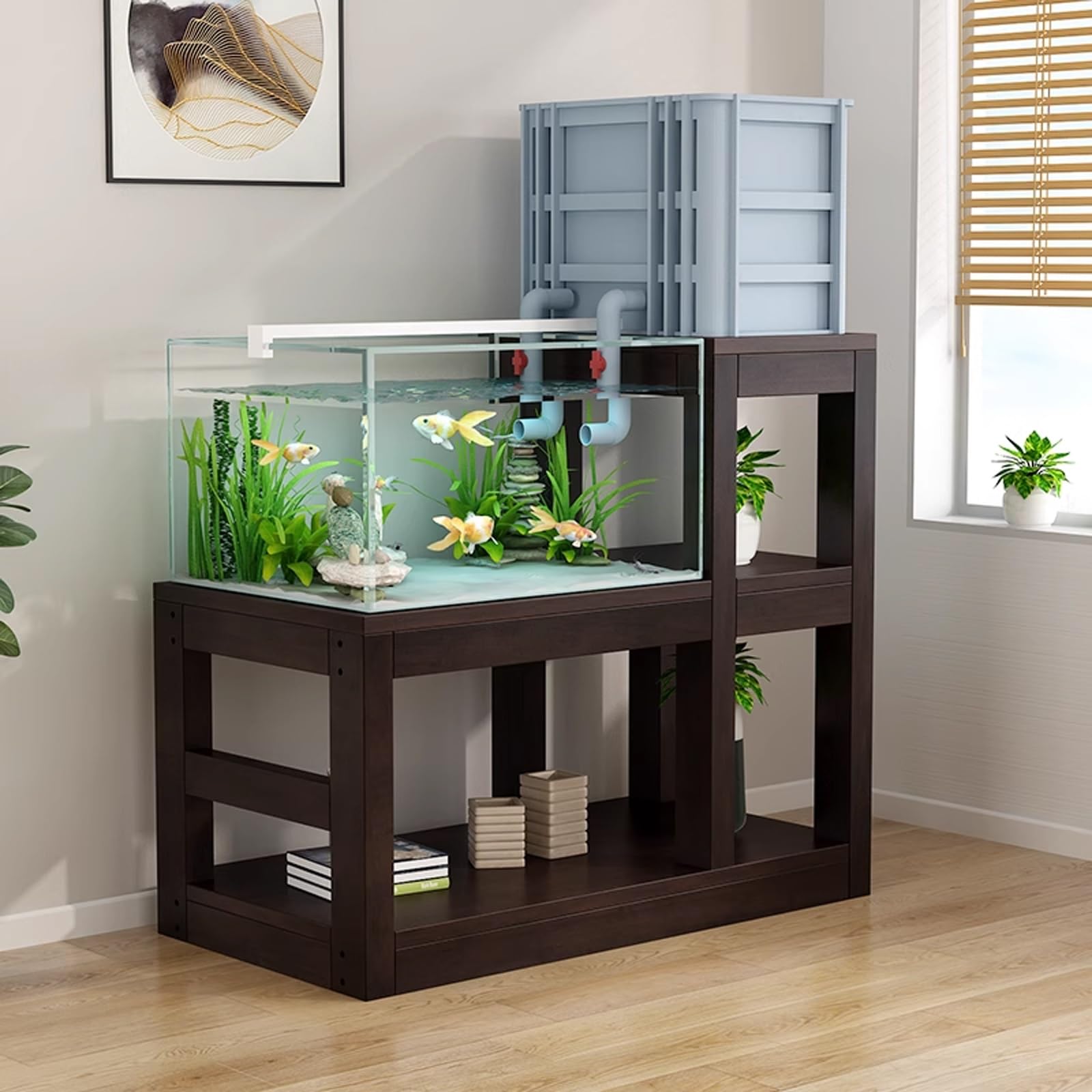 Solid Wood Aquarium Stand, Multi-Tier Storage Fish Tank Stand, Durable, Safe, and Stylish, Ideal for Living Rooms, Bedrooms, and Offices(Walnut,27.6x11.8x43.3in)