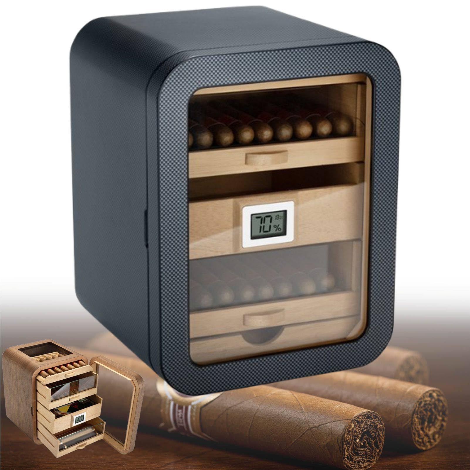 MhWrughts Glass Top Cabinet Cigar Humidor, Cedar Wood Humidor Cabinet Holds 110 Counts, Built-in Humidifier & Digital Hygrometer, Walnut Wood Storage Box for Office Bar CarbonFiber-A