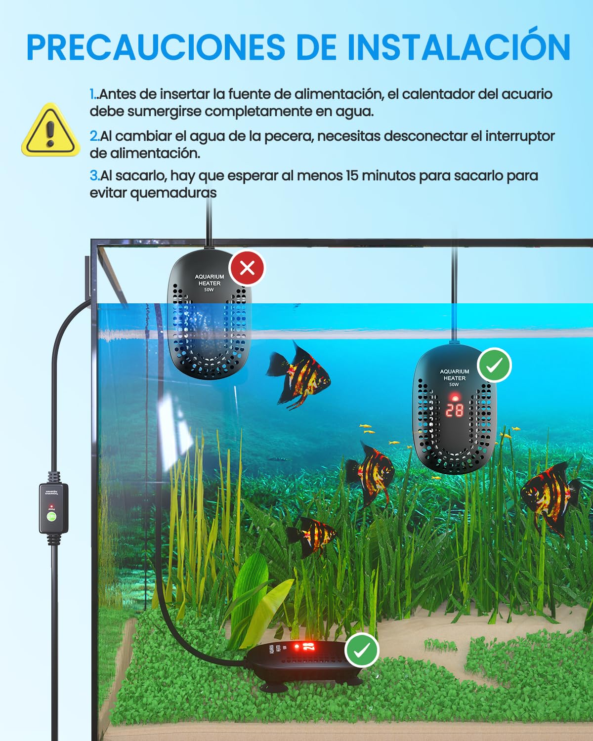 DoRight 50W Calentador de Acuario Calentador Digital de Tanque de Peces de 50L con Termómetro Pantalla de LED, Protección contra Sobretemperatura, Controlador de Externo, Termostato para Betta