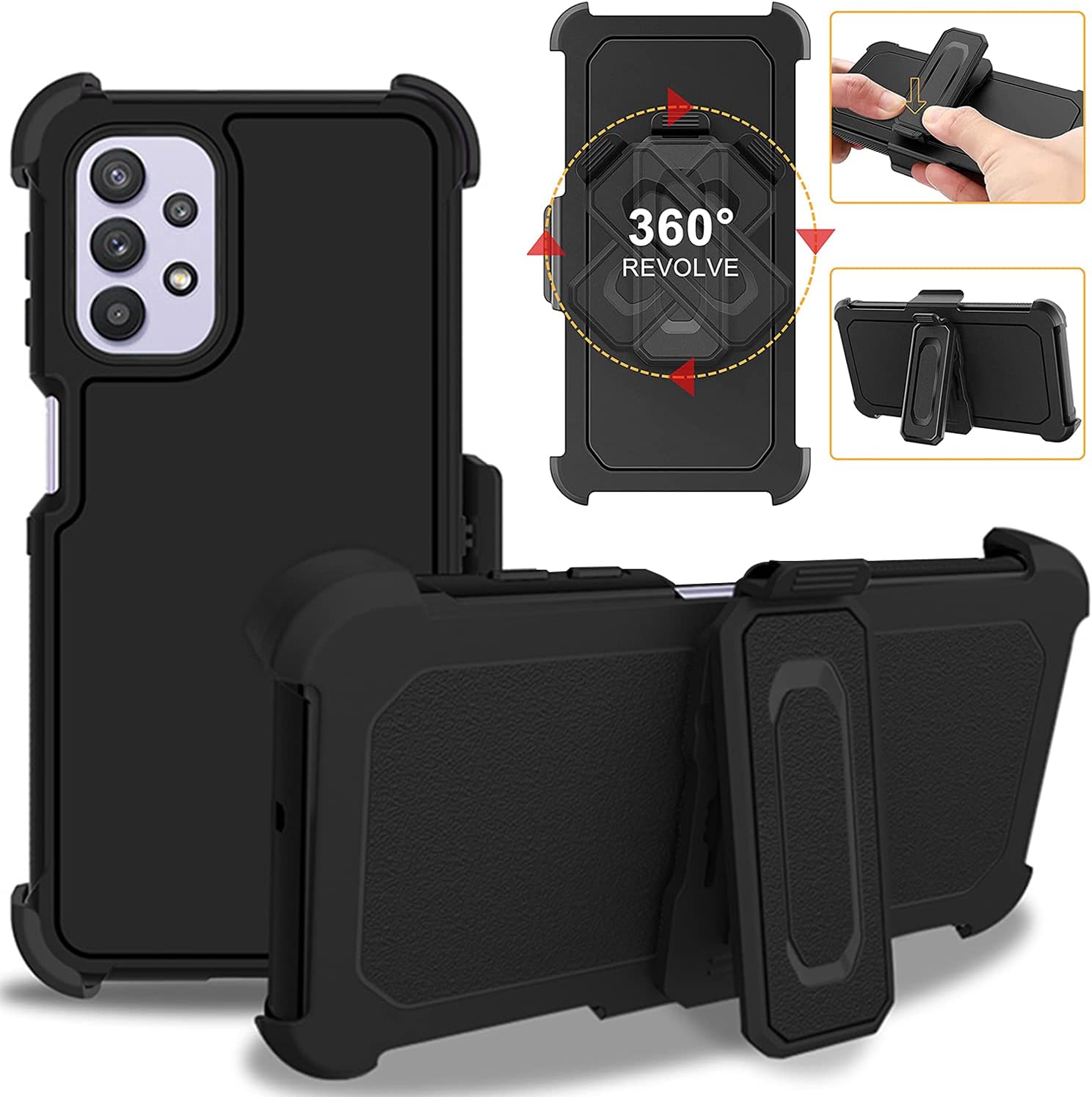 DuraSafe Cases for Samsung Galaxy A32 6.5" 2021 SM-A326B SM-A326B/DS SM-A326BR/DS SM-A326BR SM-A326U SM-A326W SM-A326U1 Rugged Shock Absorbing Protective Cover Detachable Holster - Black(with Holster)