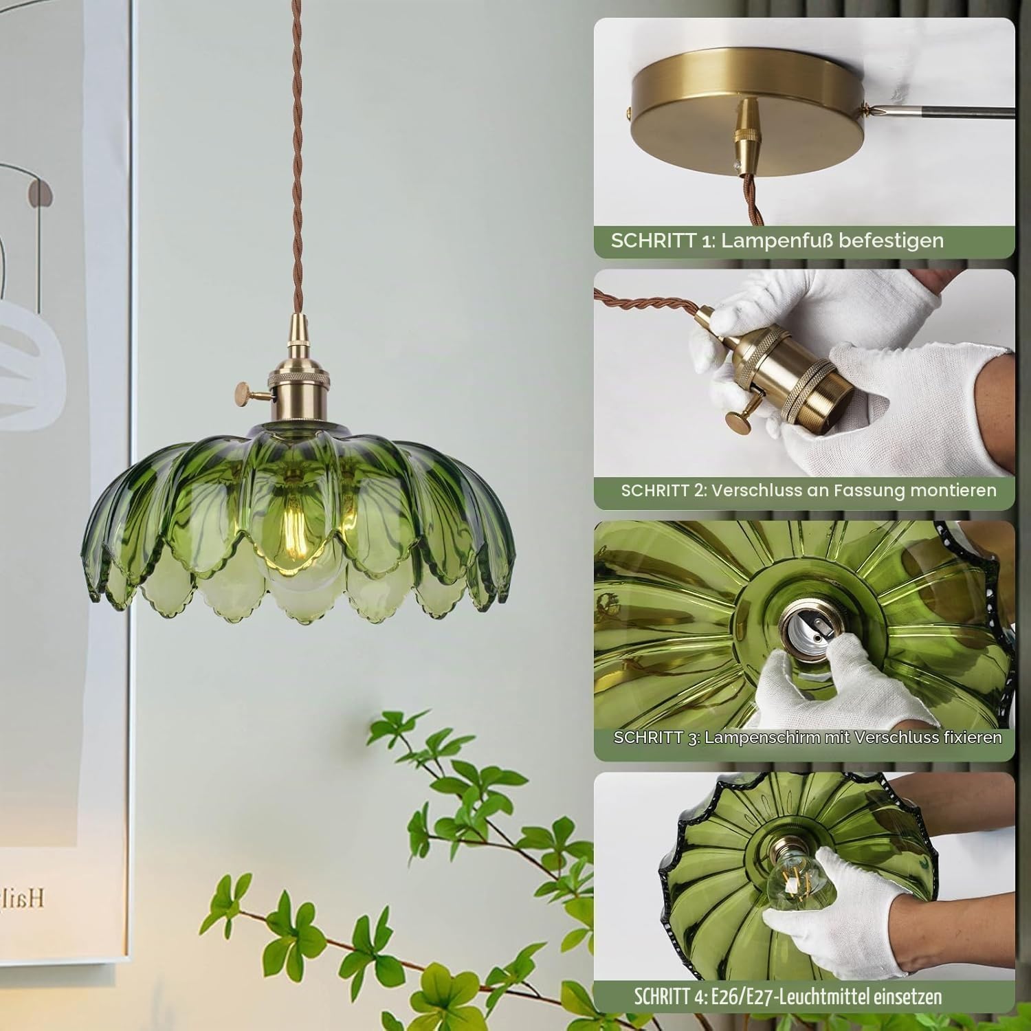 Hängelampe Grüne Glas Pendelleuchte Esstisch E27 Vintage Esstischlampe 26cm