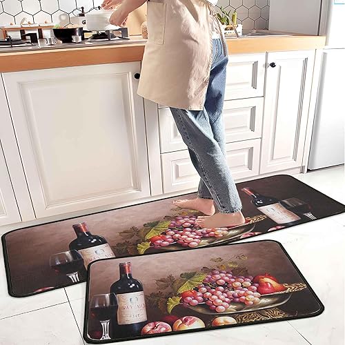 Juego de 2 alfombras de cocina con temática de vino antideslizantes, lavables, absorbentes, resistentes a las manchas, duraderas y fáciles de