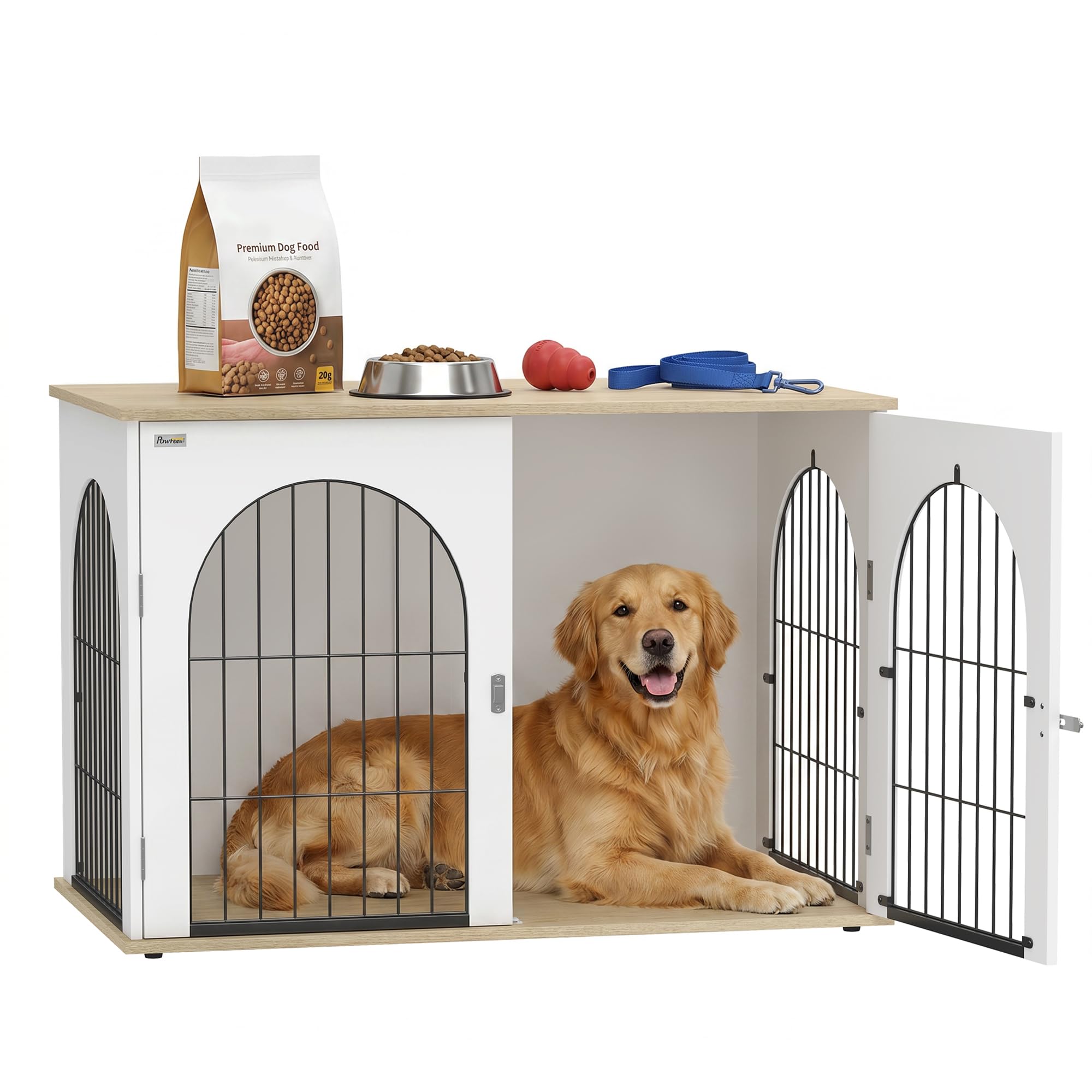 PawHut Dog Crate Furniture, Indoor Dog Cage with Double Doors for Large Breeds, Pet Kennel End Side Table with Arched Door Design, 100 x 60 x 69 cm, White
