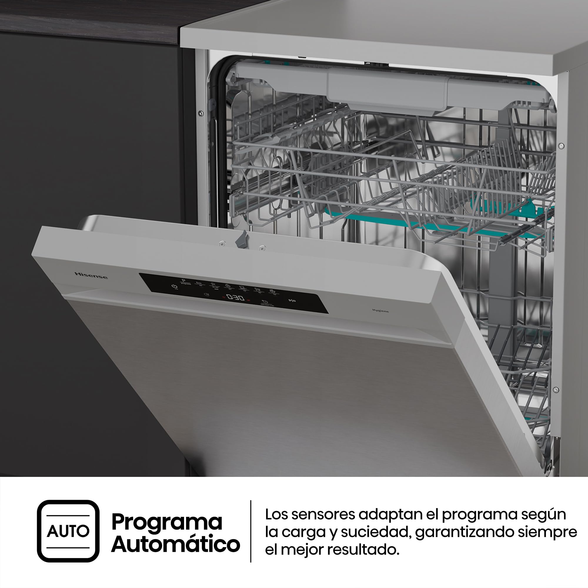 Hisense HS643B90X - Lavavajillas Clase B, 15 Servicios, Fondo 60cm, Secado Extra, Programa Automático, Tercera Bandeja, Programa Corto 1 hora, 15 Servicios, Aqua Protect System, Control Táctil, Inox