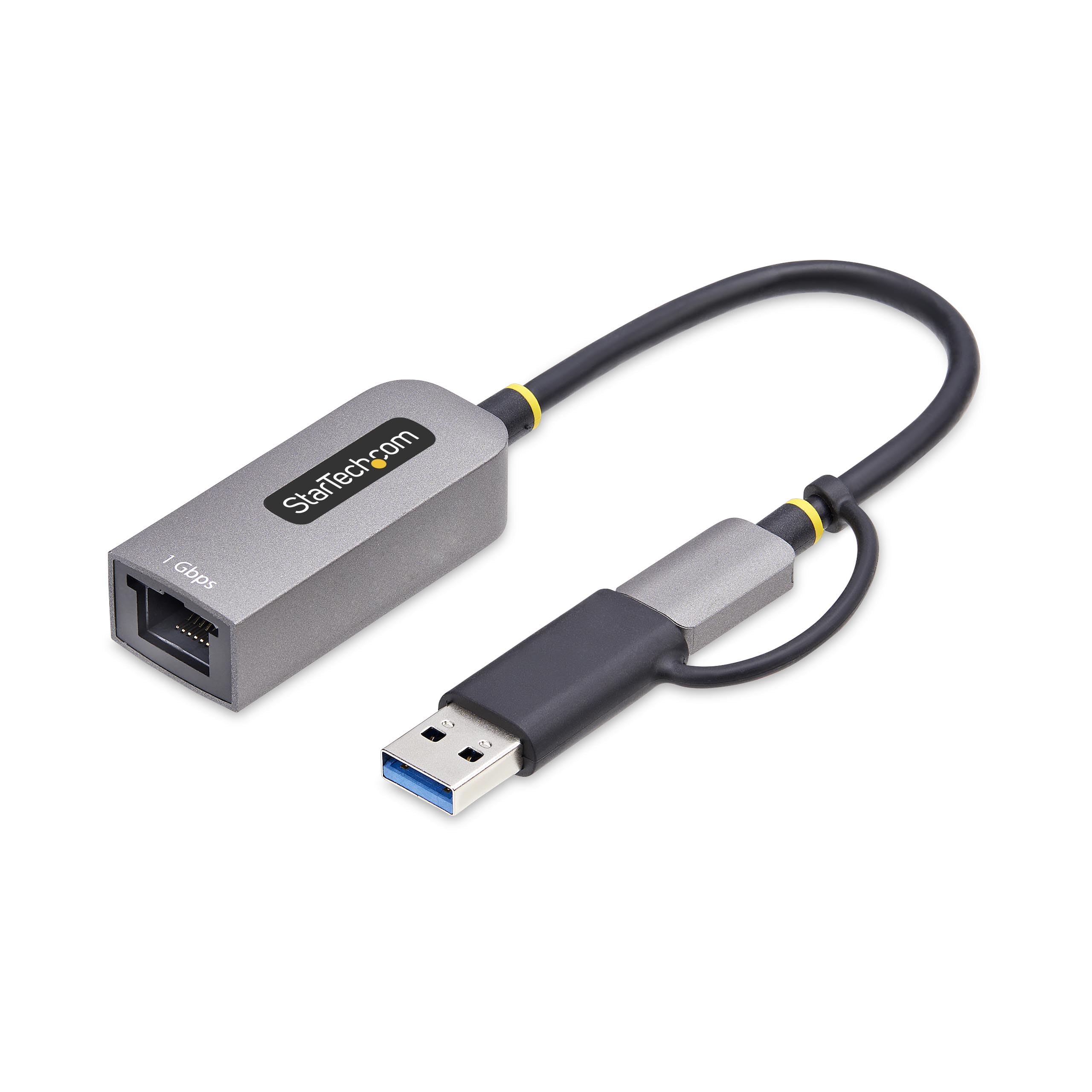 StarTech.com Adapter USB-C na Ethernet ze złączem USB A 10/100/1000 Mbps, USB GbE, zintegrowany kabel 15 cm, dioda LED stanu