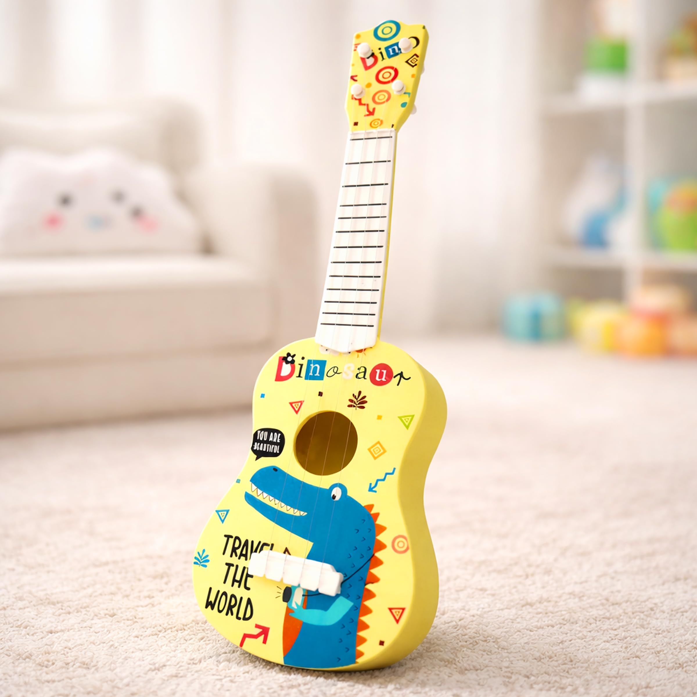 Toyshine 21" Dino Theme 4 String Guitar Easy-to-Hold Thin Frets Low String Musical Instrument Learning Educational Toy Gift for Toddlers Kids-image-32