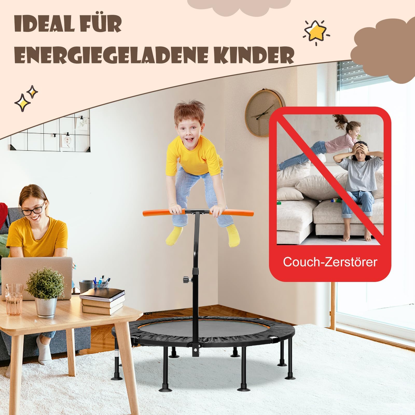 COSTWAY Trampoline voor 2 personen, met in hoogte verstelbare handgreep, mini-trampoline tot 150 kg belastbaar, kindertrampoline inklapbaar, tuintrampoline voor kinderen en volwassenen (blauw